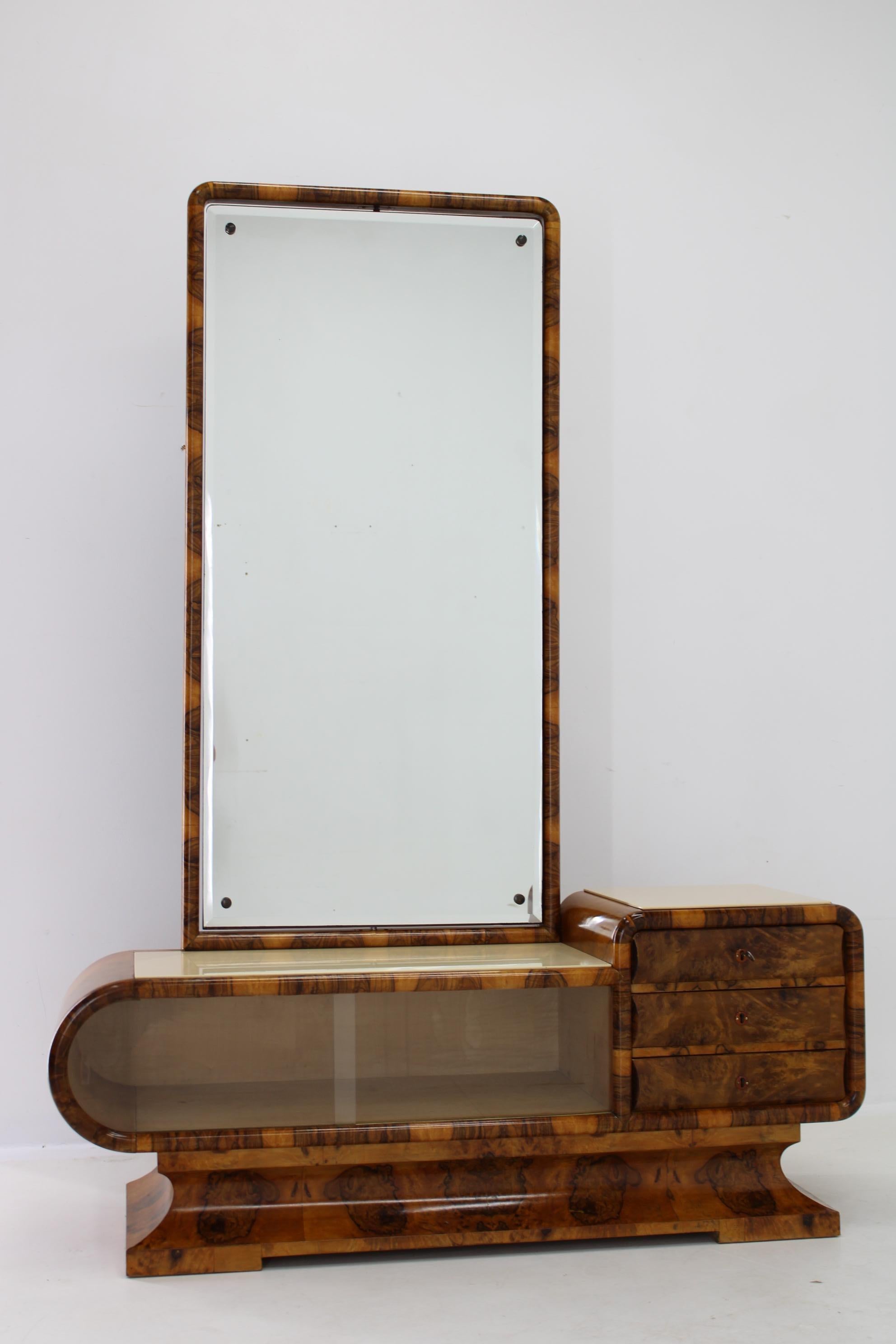 1930s Rare Art Deco Vanity Mirror Cabinet in Walnut Finish and Stool, Czechoslov 1