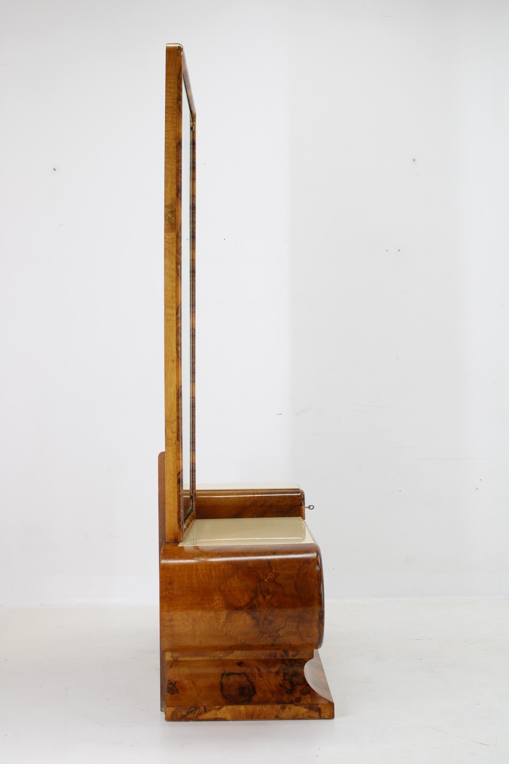 1930s Rare Art Deco Vanity Mirror Cabinet in Walnut Finish and Stool, Czechoslov 2
