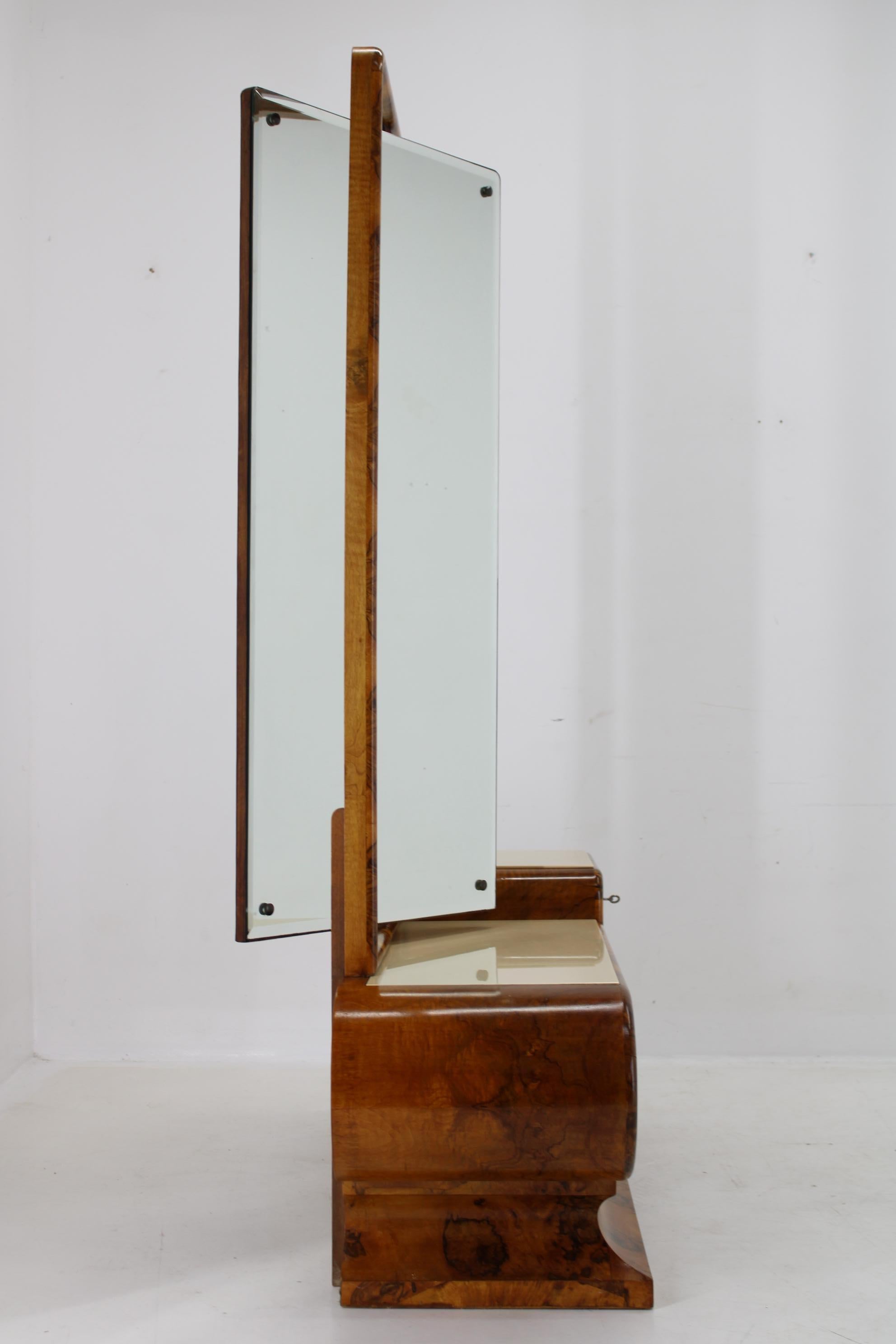 1930s Rare Art Deco Vanity Mirror Cabinet in Walnut Finish and Stool, Czechoslov 3