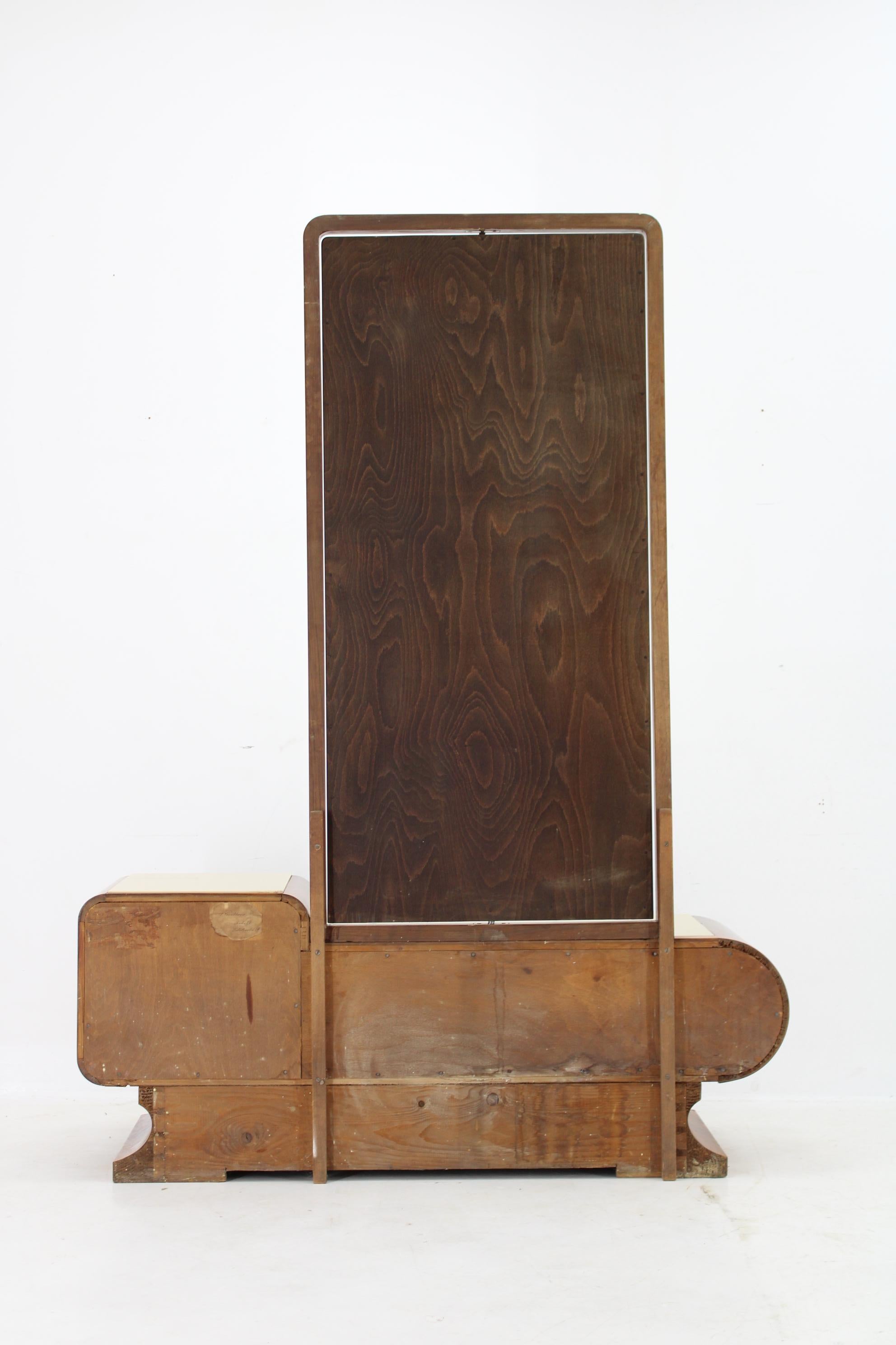 1930s Rare Art Deco Vanity Mirror Cabinet in Walnut Finish and Stool, Czechoslov 4