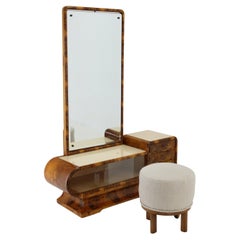 1930s Rare Art Deco Vanity Mirror Cabinet in Walnut Finish and Stool, Czechoslov