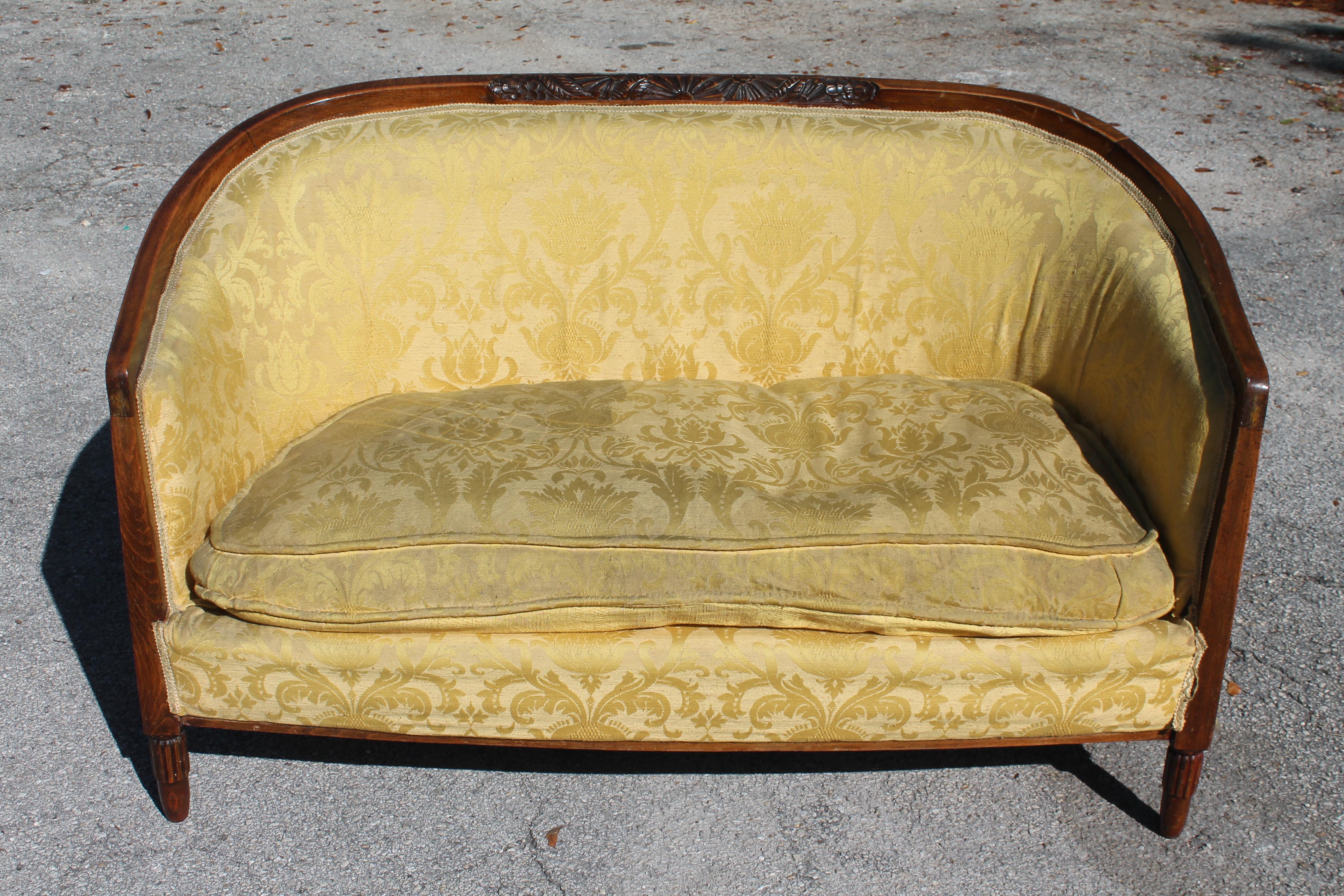 c1930's French Art Deco Canape/ Sofa. Rare piece! Wood frame beautifully carved. Hard to find these period pieces. Reupholstery recommended. 