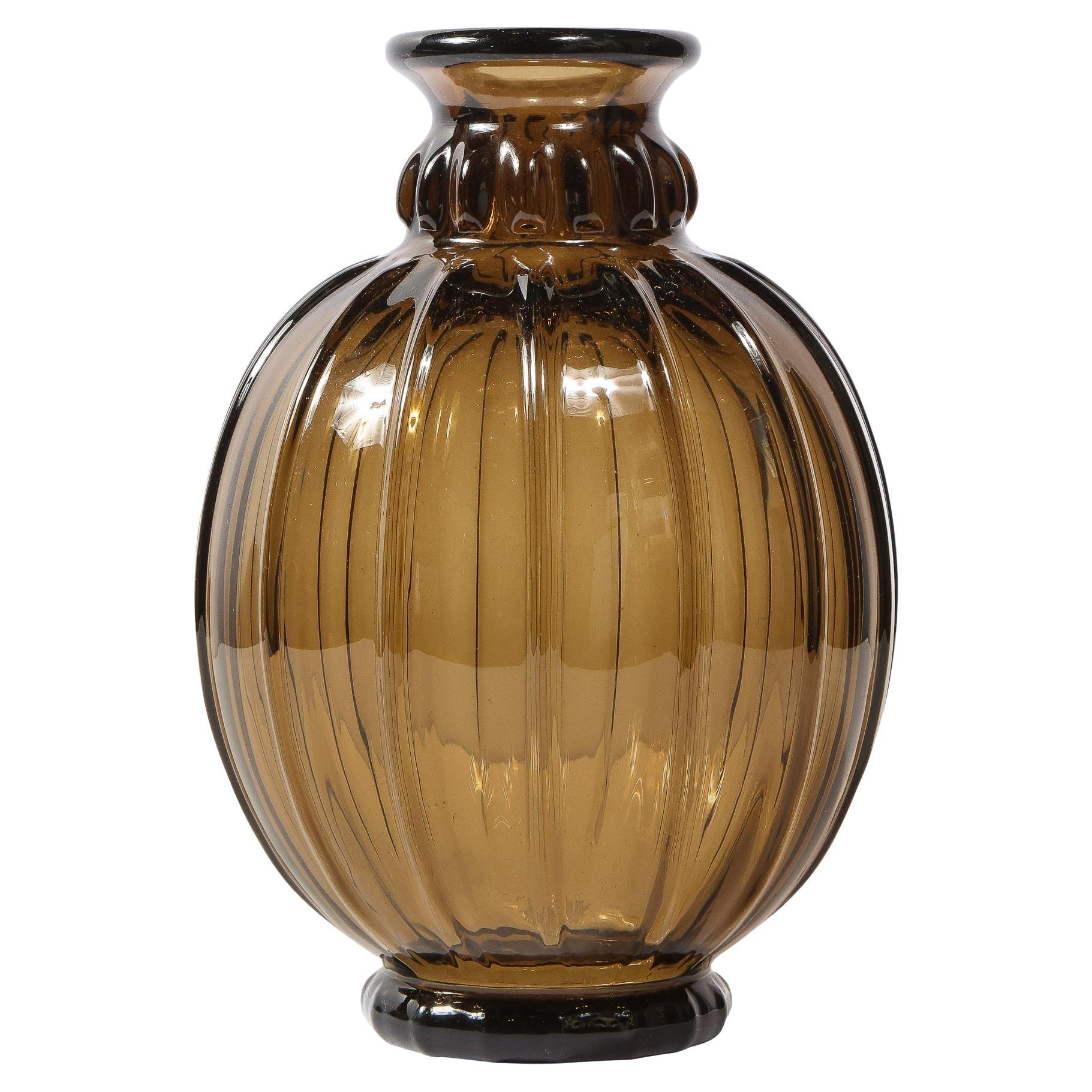 1930s Rare Topaz Hand Blown Spherical Vase, Signed by Daum Nancy France For Sale