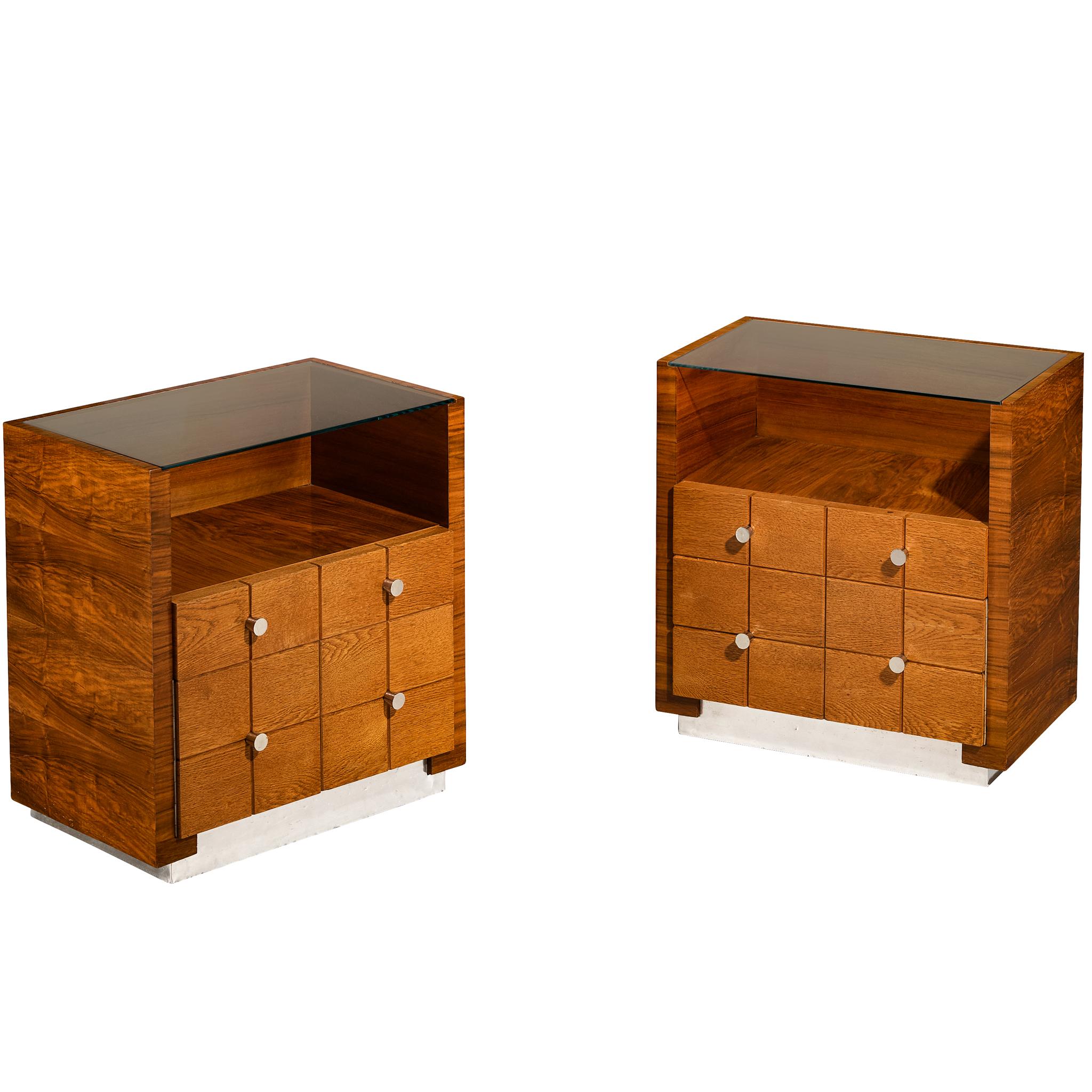 1930s Rationalist Pair of Night Stands in Oak, Walnut and Metal