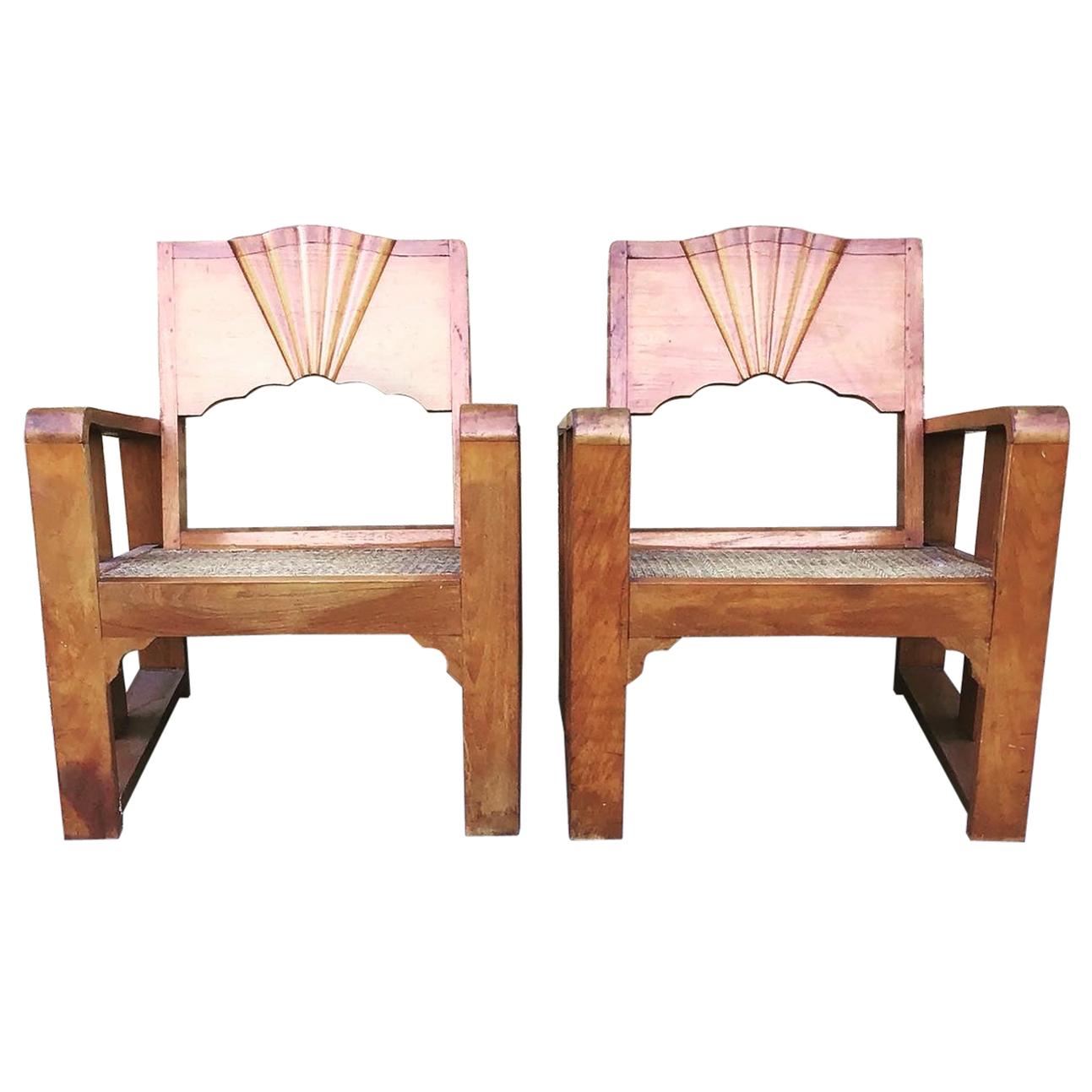 1930s Rattan Seated Armchairs/Deco Sunburst Armchairs