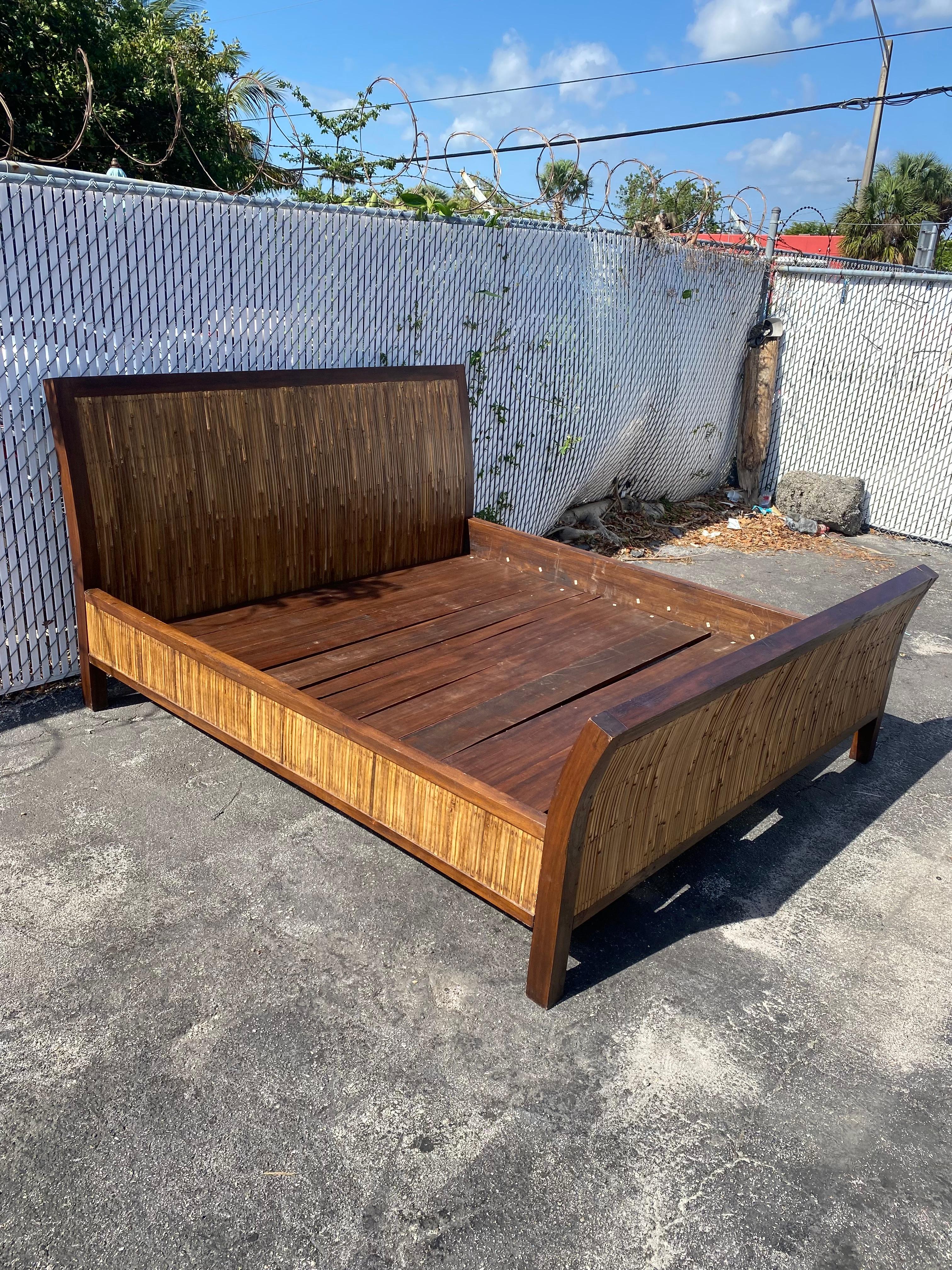 On offer on this occasion is one of the most stunning and rare, Rattan inlaid wood king bed you could hope to find. Outstanding design is exhibited throughout. The beautiful monumental bed is statement piece and packed with personality!! Just look