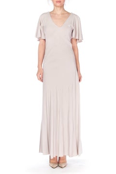 1930S Grey Rayon Crinkle Crepe Asymmetrical Flutter Sleeve Bias-Cut Gown