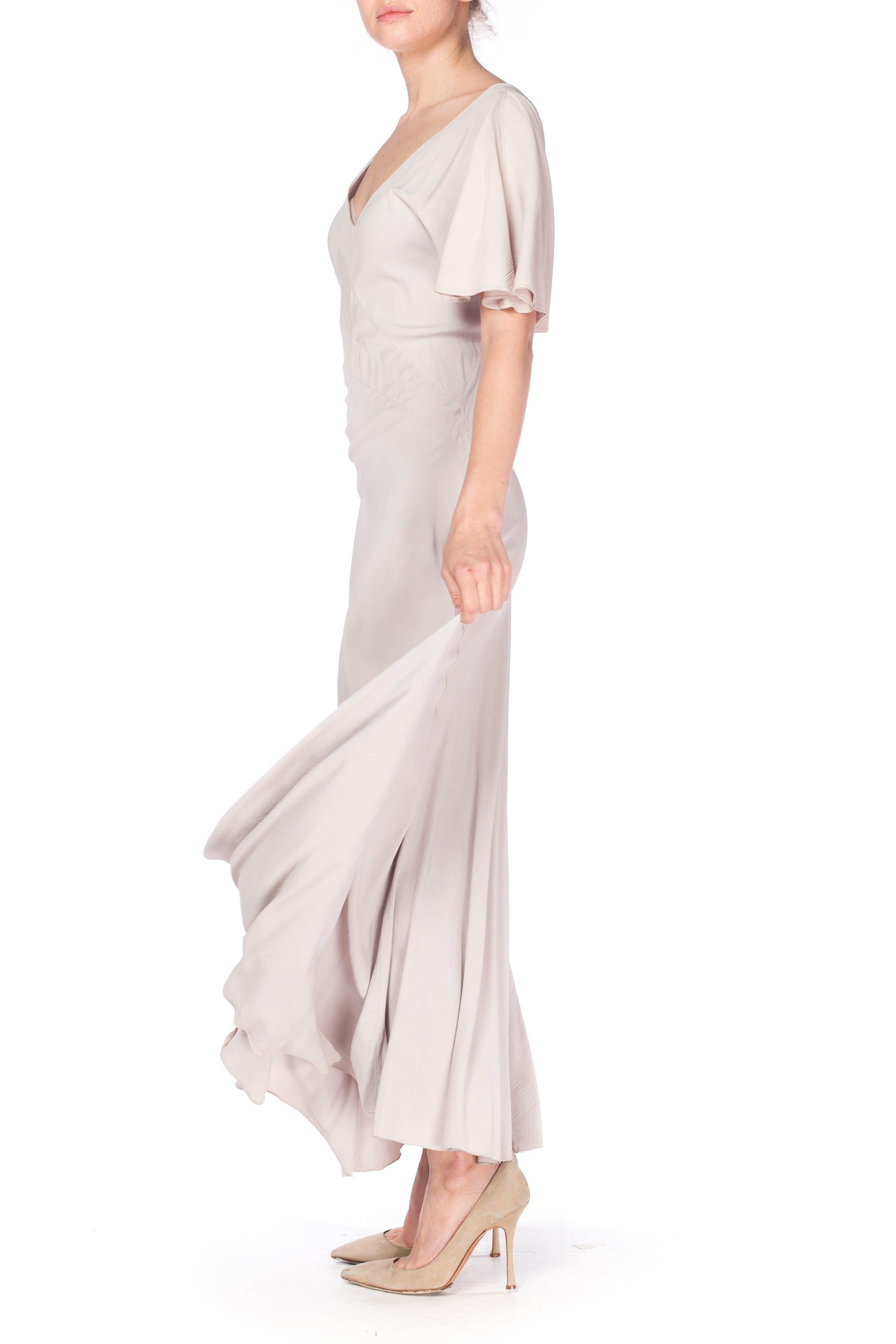 Beige 1930S Grey Rayon Crinkle Crepe Asymmetrical Flutter Sleeve Bias-Cut Gown For Sale