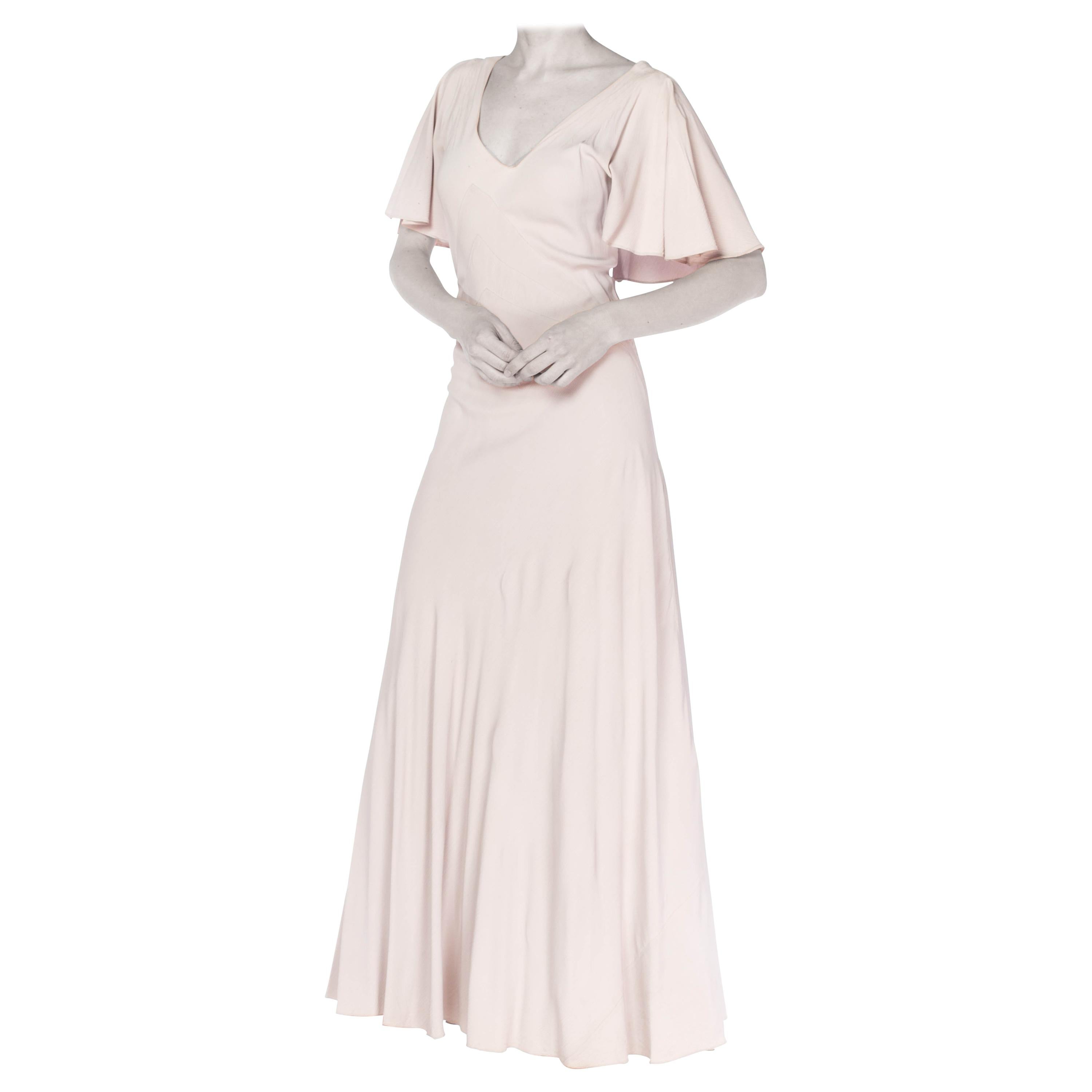1930S Grey Rayon Crinkle Crepe Asymmetrical Flutter Sleeve Bias-Cut Gown For Sale