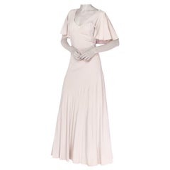1930S Grey Rayon Crinkle Crepe Asymmetrical Flutter Sleeve Bias-Cut Gown