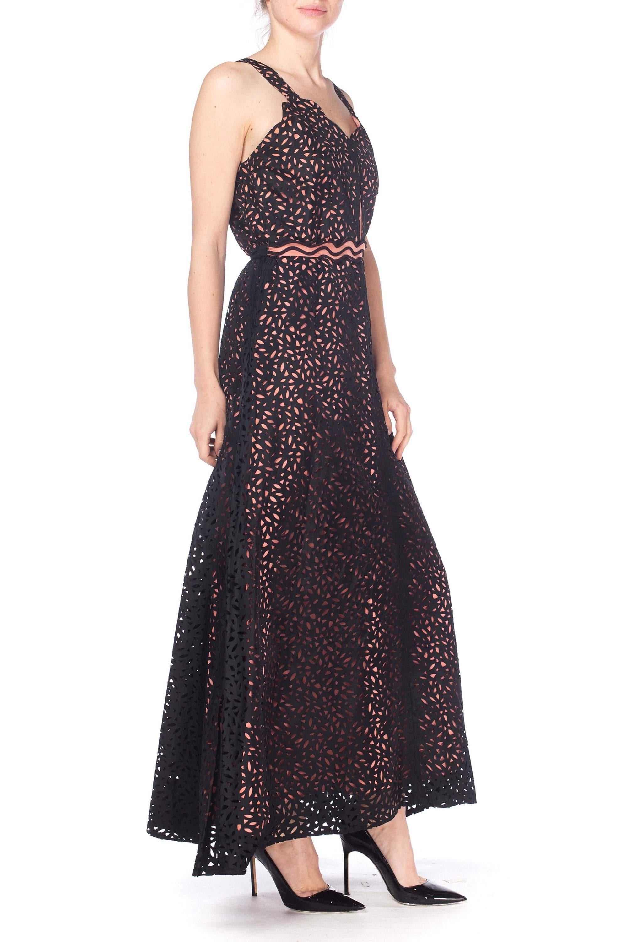 1930S Black & Pink Rayon Blend Lace Cutout Taffeta Gown With Scalloped Neckline Matching Belt