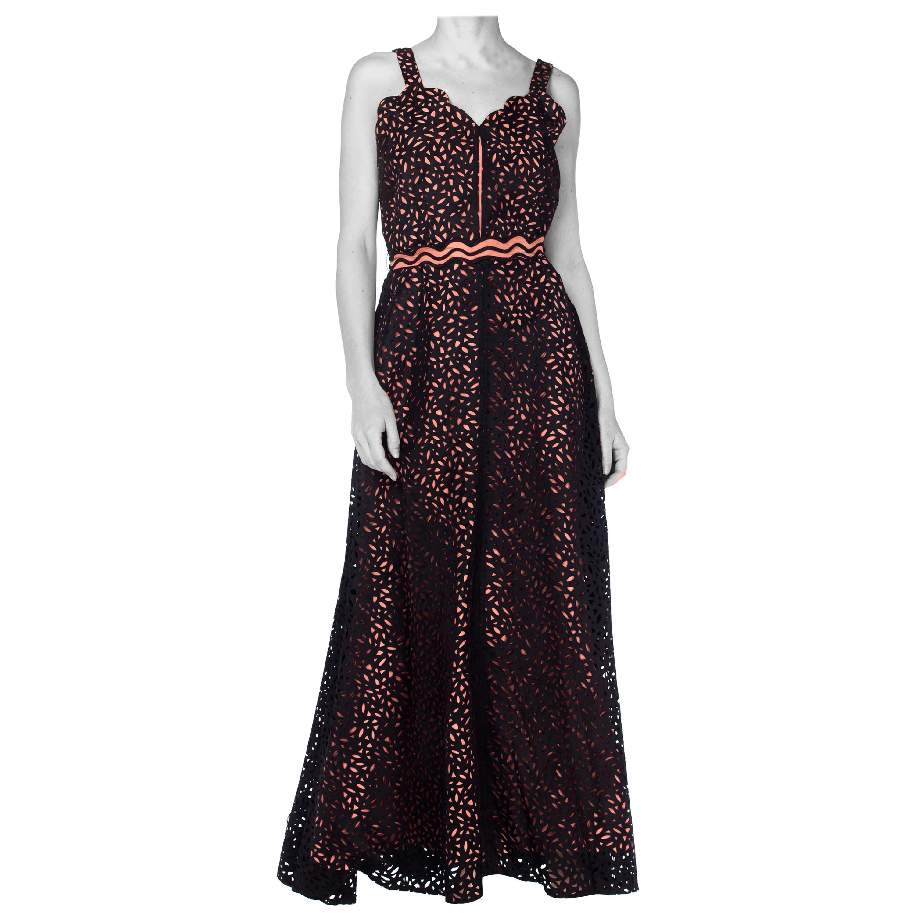 1930S Black & Pink Rayon Blend Lace Cutout Taffeta Gown With Scalloped Neckline For Sale