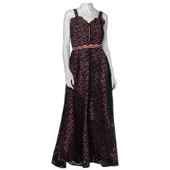 1930S Black & Pink Rayon Blend Lace Cutout Taffeta Gown With Scalloped Neckline