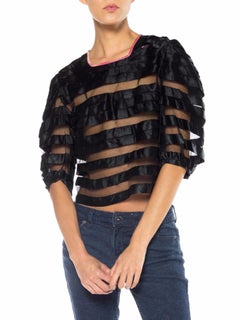 1930S LANVIN Style Black Rayon Net & Silk Ribbon Sheer Top