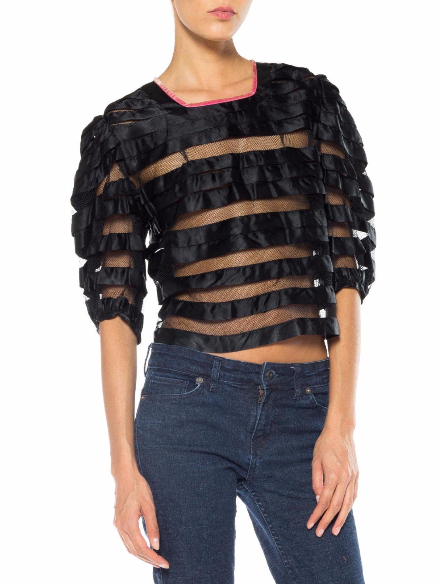 Women's 1930S LANVIN Style Black Rayon Net & Silk Ribbon Sheer Top For Sale