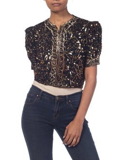 1930S Rayon Crepe Gold Sequined Short Sleeve Zipper Front Dinner Jacket