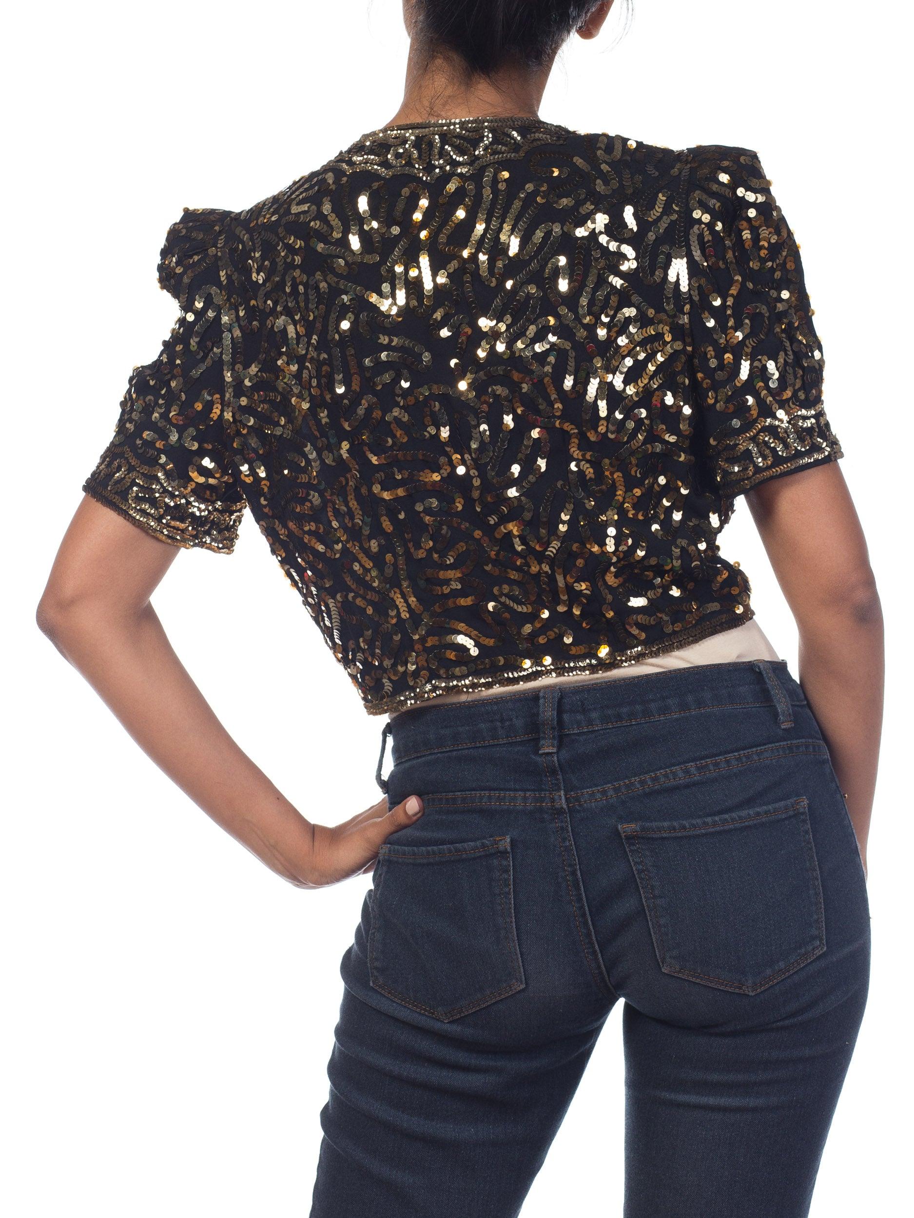 1930S Rayon Crepe Gold Sequined Short Sleeve Zipper Front Dinner Jacket For Sale 5