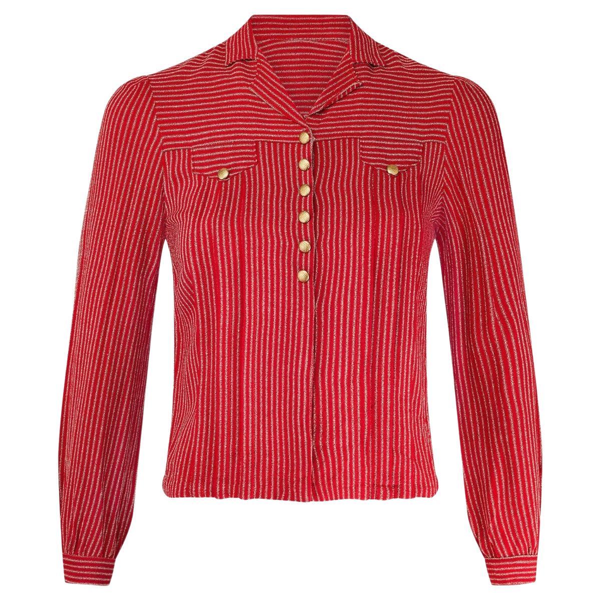 1930s Red and White Stripe Crepe Shirt with Gold Buttons For Sale