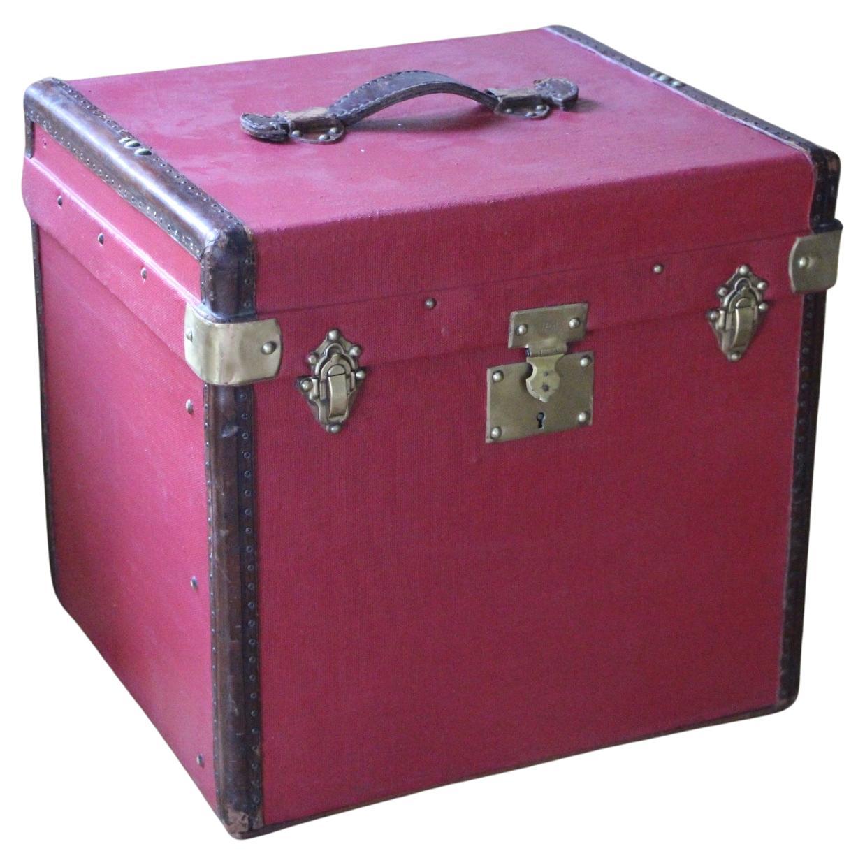 1930s Red Canvas "Cube Shape" Hat Trunk, Steamer Trunk, Travel Trunk