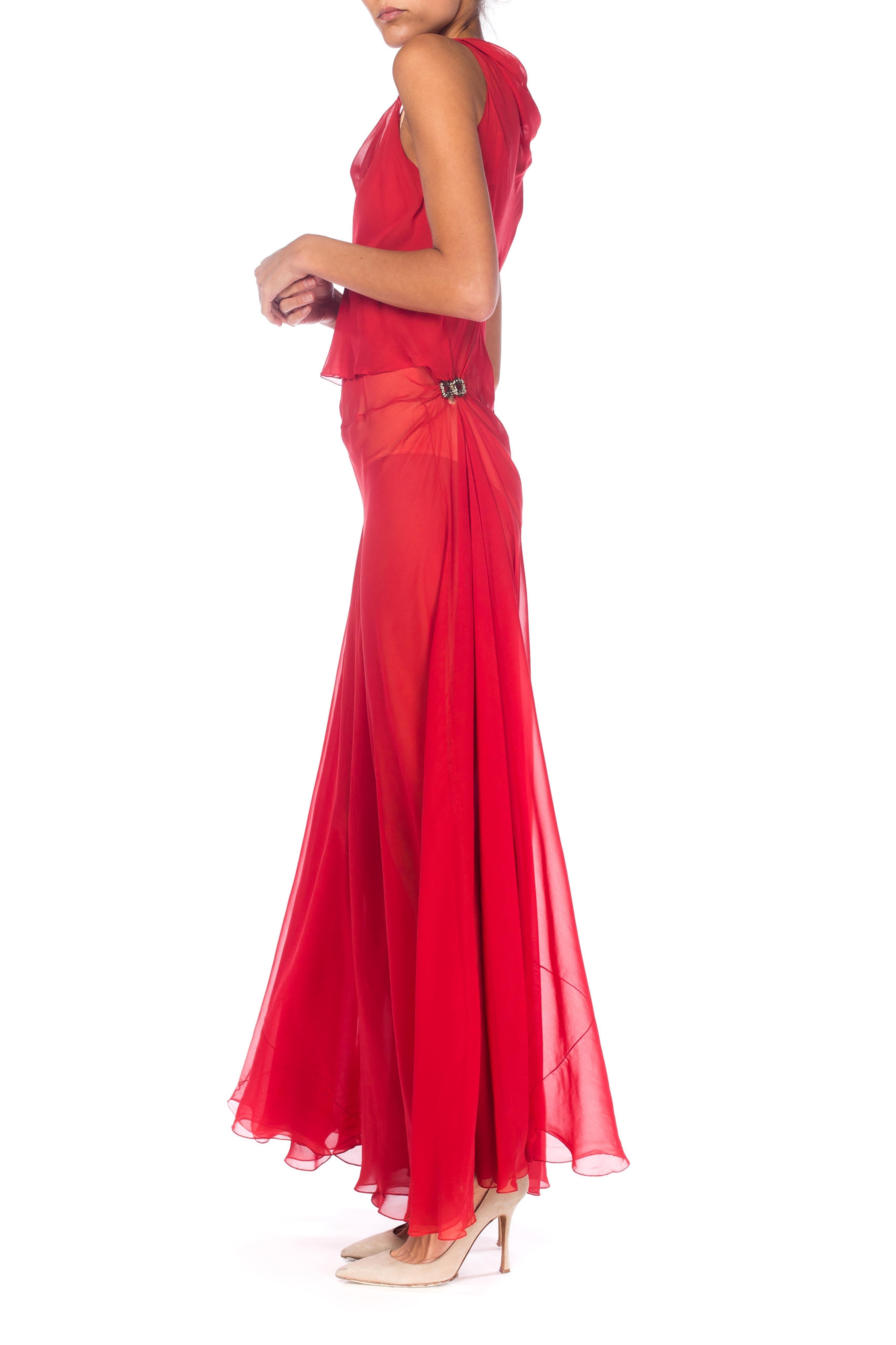 1930S Red Sheer Silk Chiffon Bias-Cut Gown With Deco Clasps On Hips In Excellent Condition For Sale In New York, NY