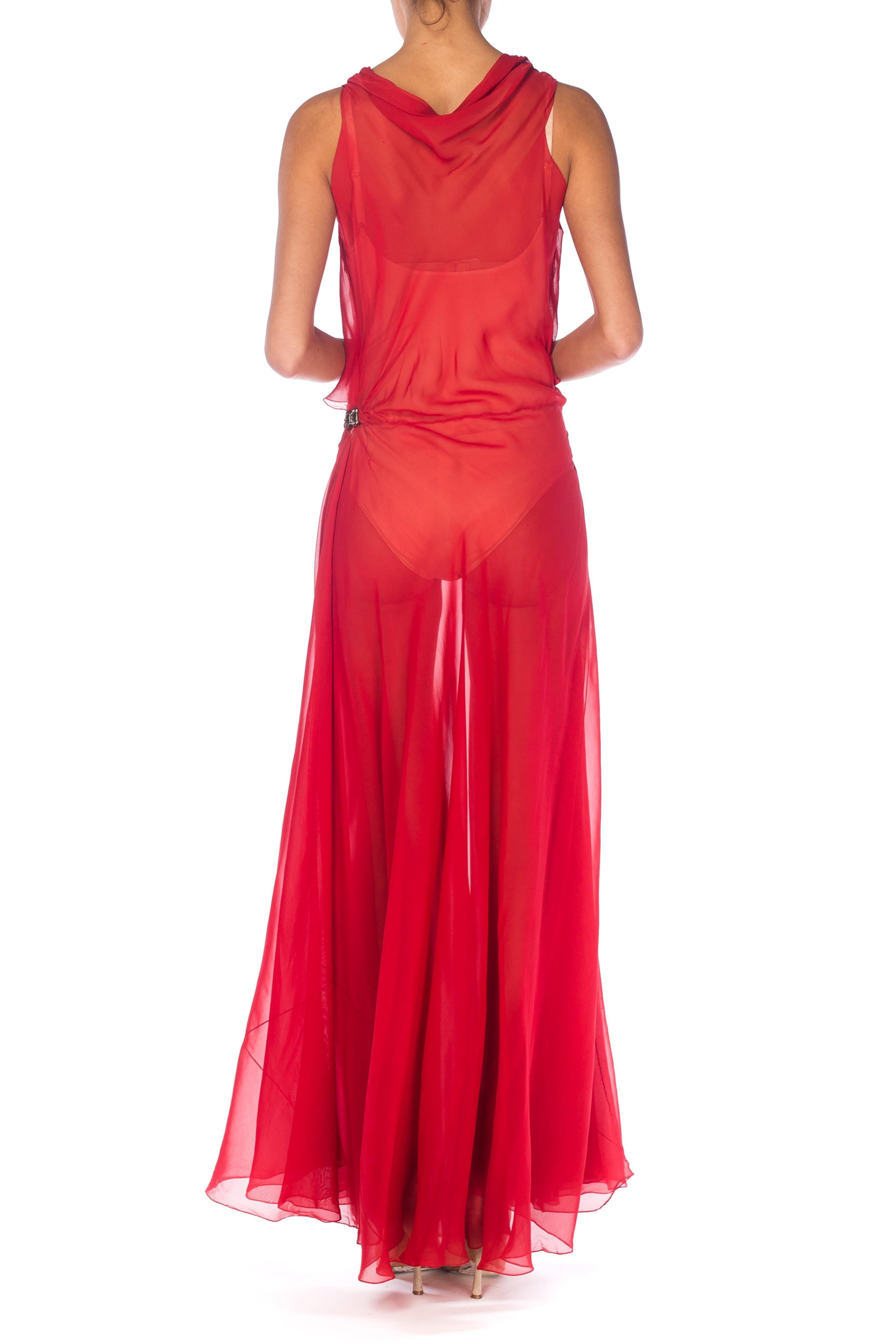 1930S Red Sheer Silk Chiffon Bias-Cut Gown With Deco Clasps On Hips For Sale 1