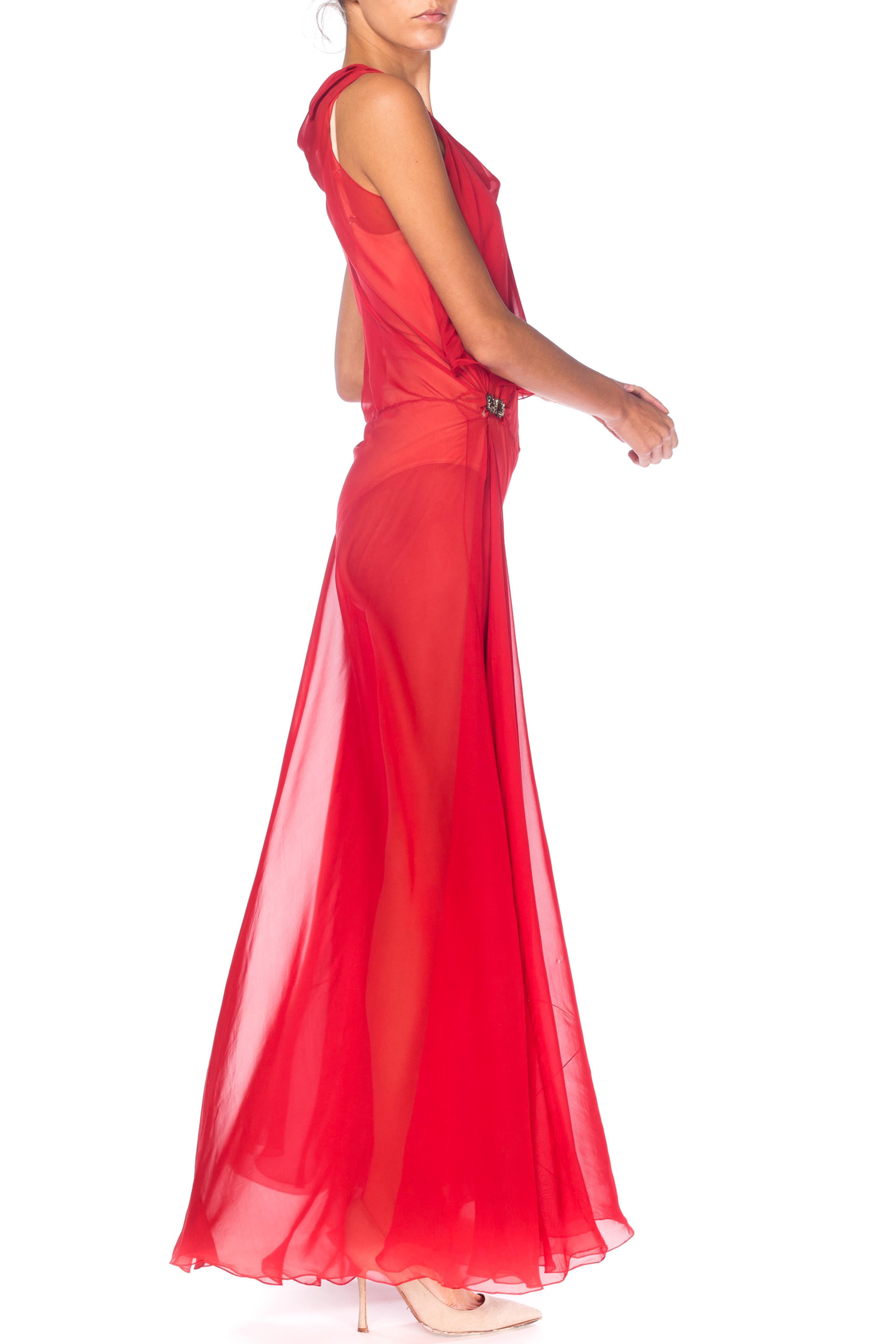 1930S Red Sheer Silk Chiffon Bias-Cut Gown With Deco Clasps On Hips For Sale 2