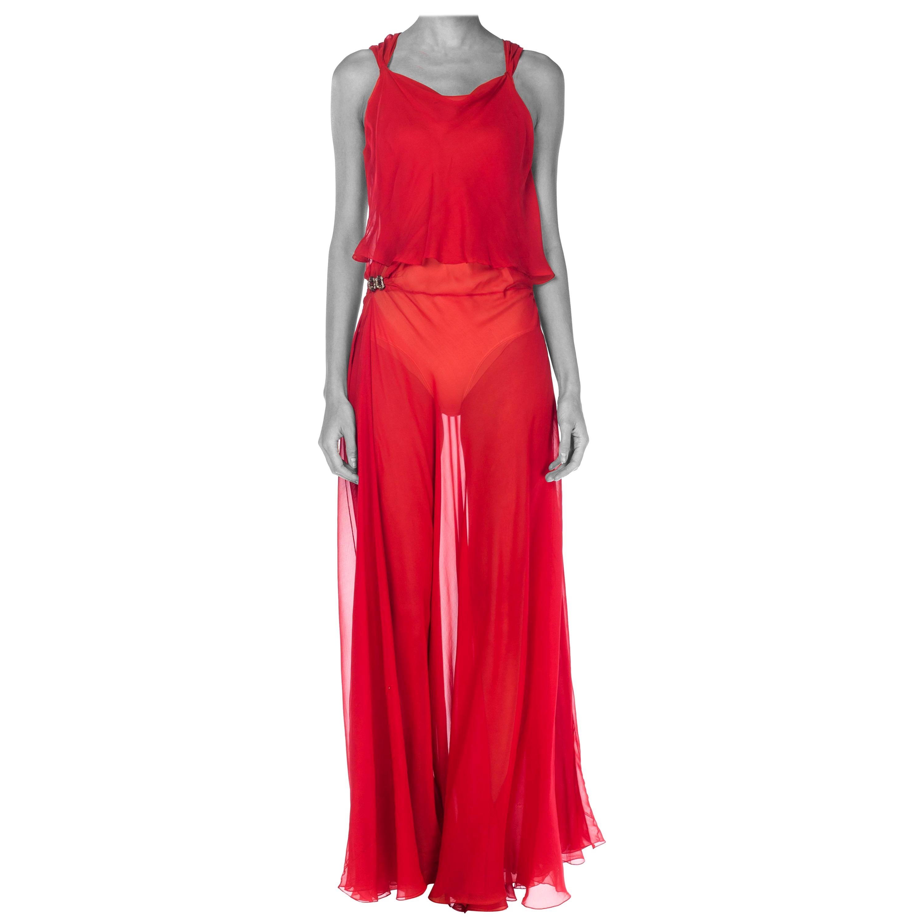 1930S Red Sheer Silk Chiffon Bias-Cut Gown With Deco Clasps On Hips For Sale