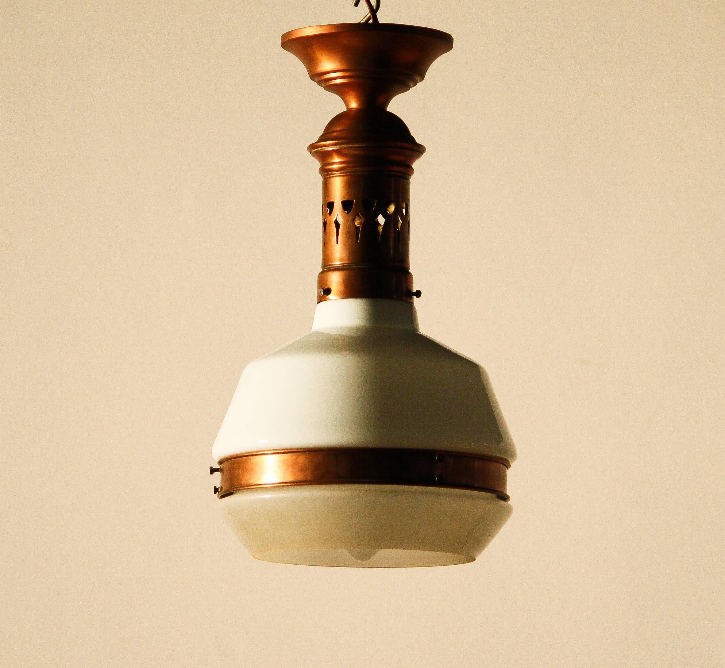 1930s Red Copper Pendant Lamp with Opaline Glass In Excellent Condition In Silvolde, Gelderland
