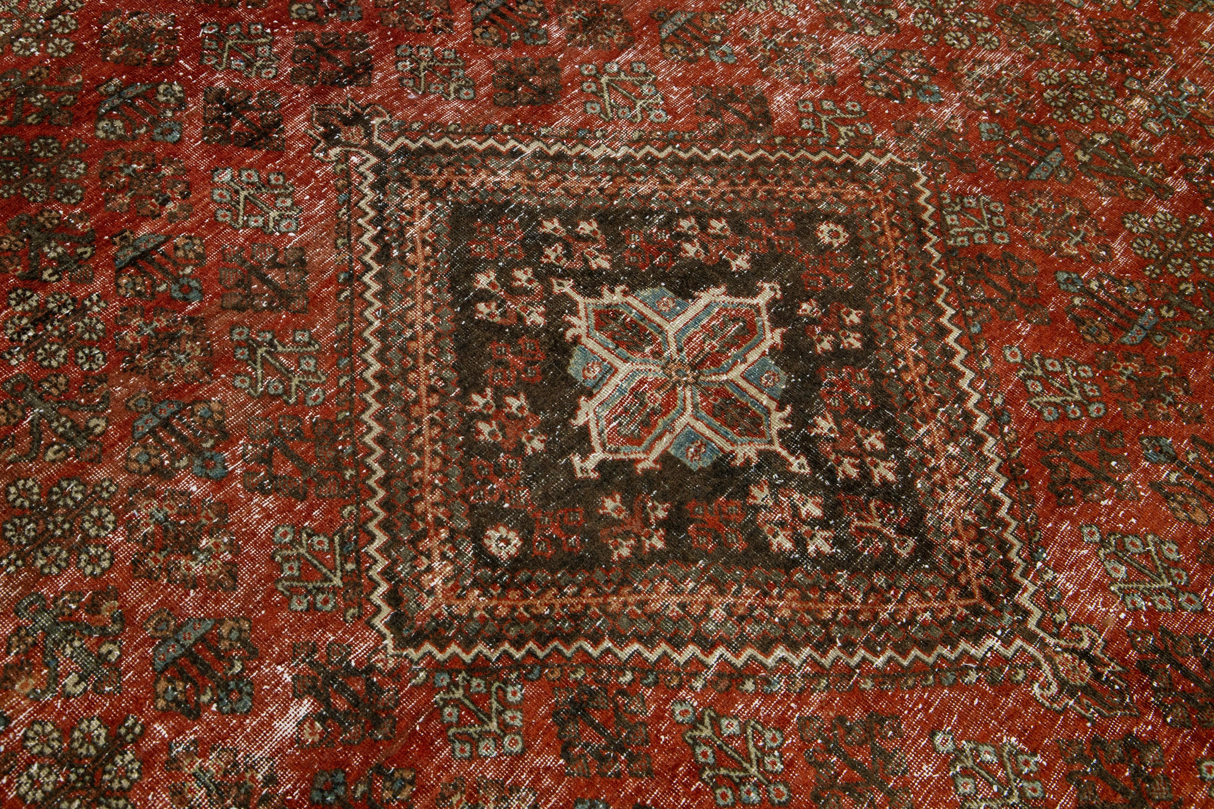 Hand-Knotted 1930s Red Handmade Josheghan Persian Wool Rug With Allover Motif For Sale