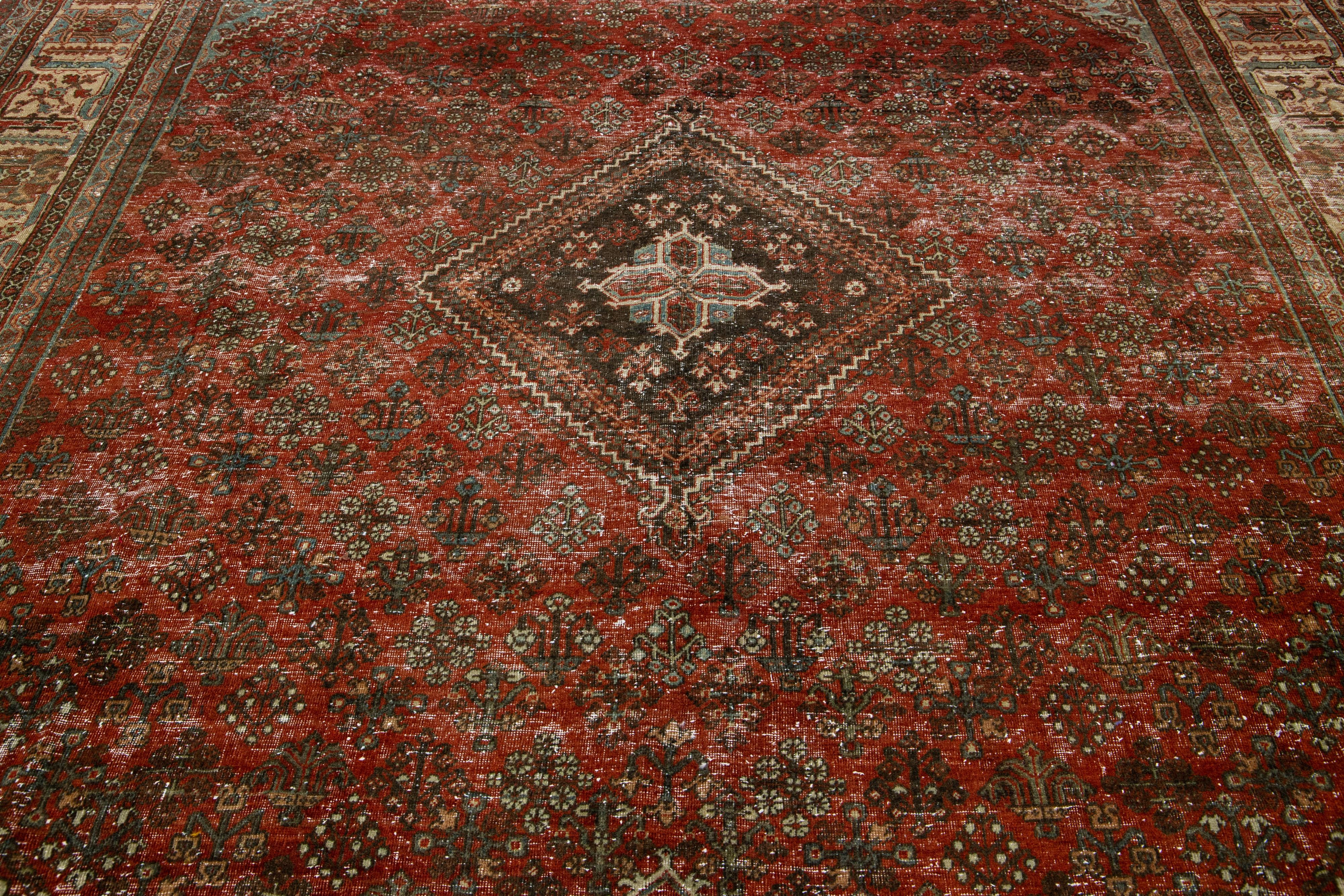 1930s Red Handmade Josheghan Persian Wool Rug With Allover Motif In Good Condition For Sale In Norwalk, CT
