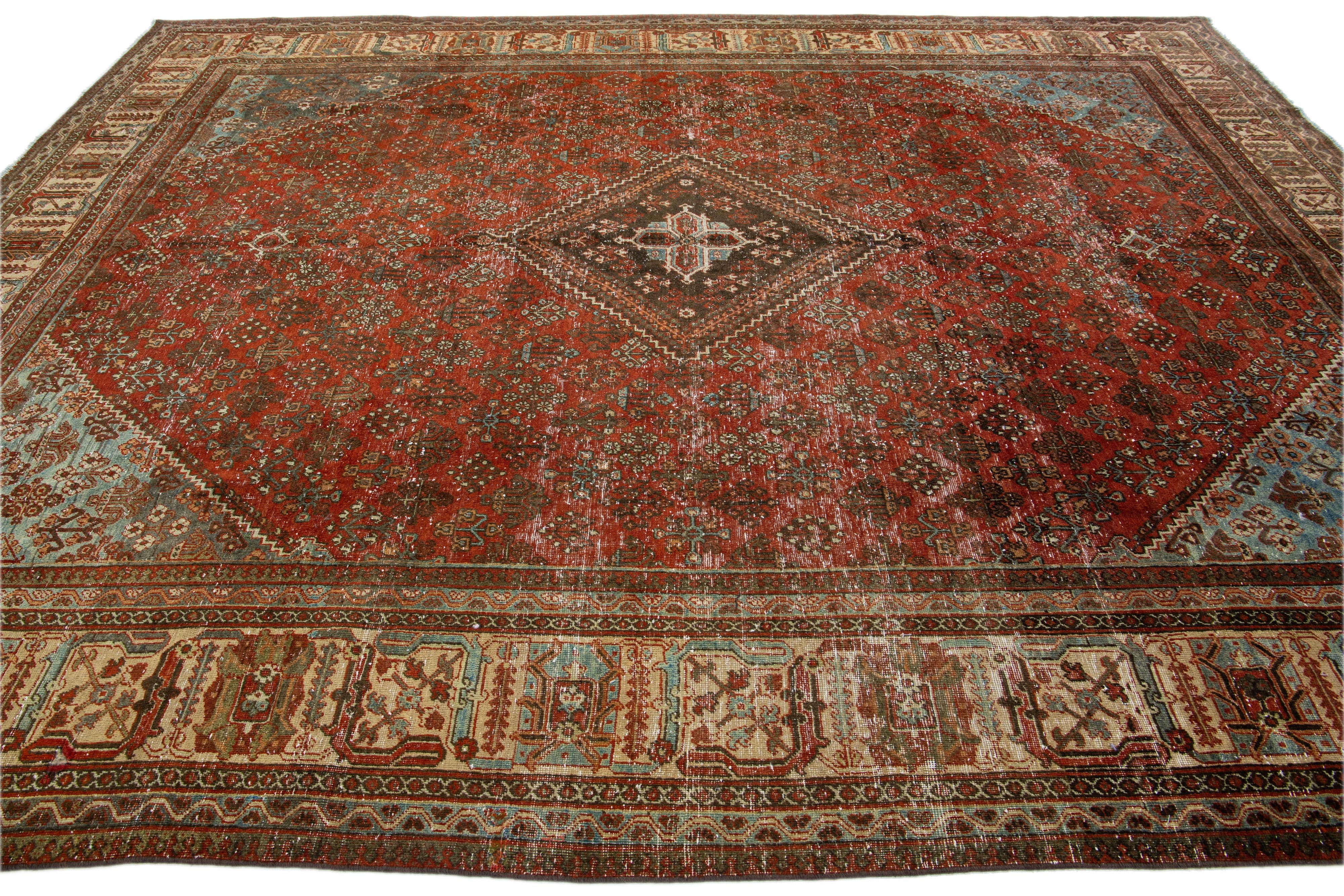 1930s Red Handmade Josheghan Persian Wool Rug With Allover Motif For Sale 3