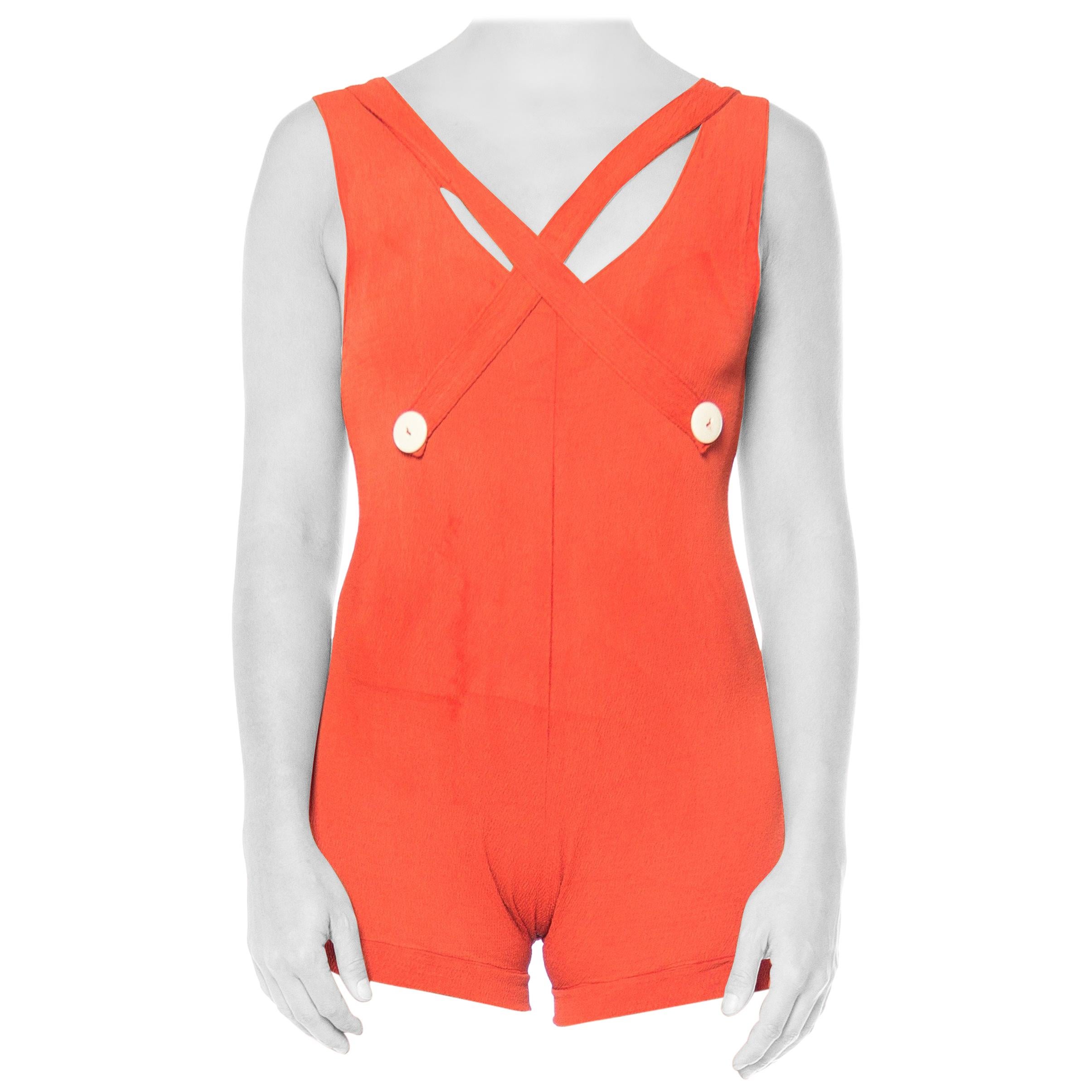 1930S Red Orange Rayon Bathing Suit With Buttons Swimsuit