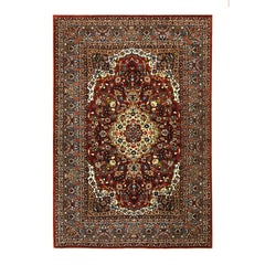 1930s Red Rust Field Medallion Floral Antique Isfahan Knotted Wool Carpet Rug