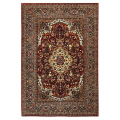 1930s Red Rust Field Medallion Floral Antique Isfahan Knotted Wool Carpet Rug