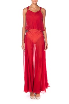 1930S Red Sheer Silk Chiffon Bias-Cut Gown With Deco Clasps On Hips