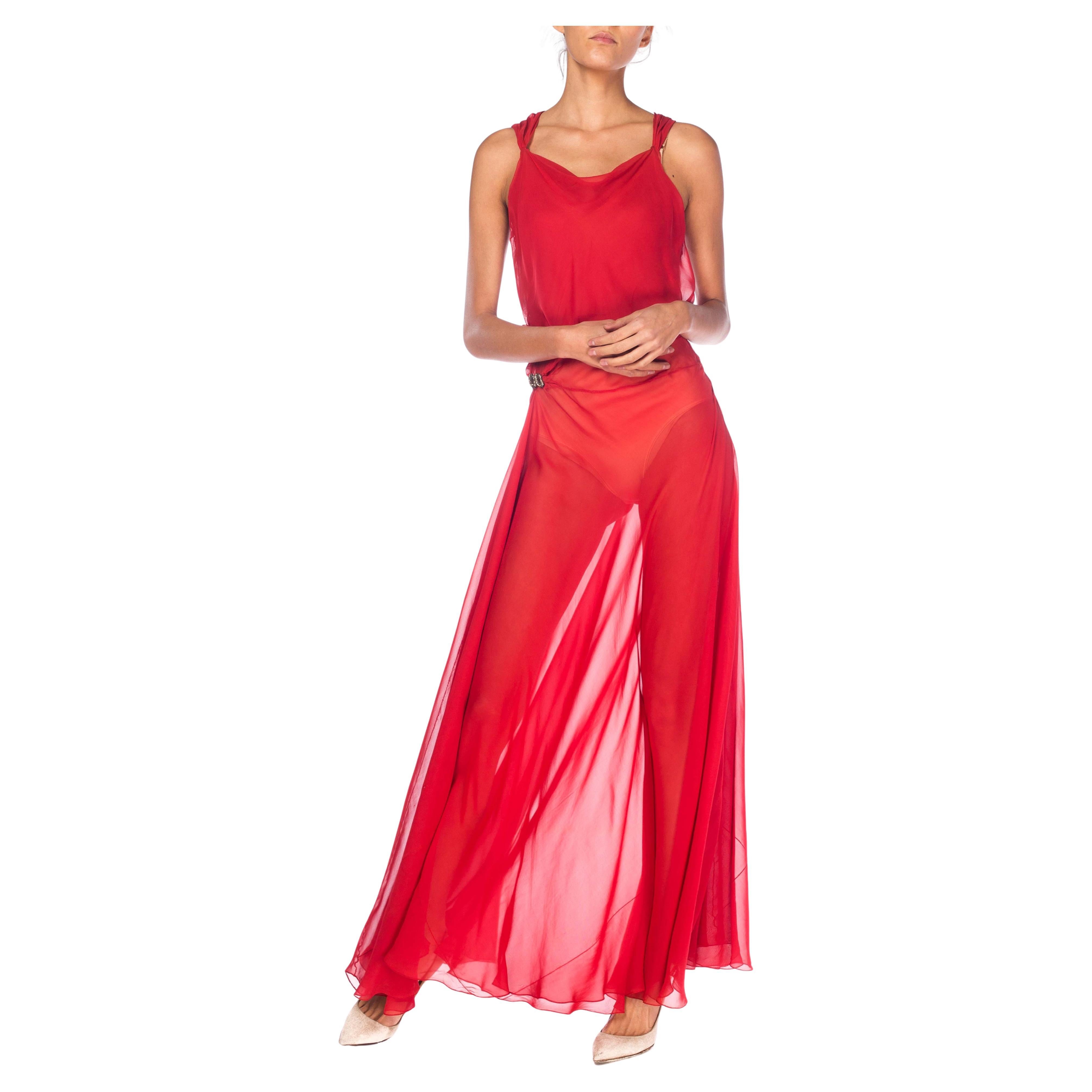 1930S Robe en mousseline de soie diaphane rouge coupée en biais avec fermoirs déco sur les hanches