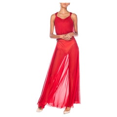 1930S Red Sheer Silk Chiffon Bias-Cut Gown With Deco Clasps On Hips