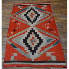 1930s Red Small Antique Tribal Geometric Native American Navajo Flat Weave Rug