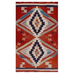 1930s Red Small Antique Tribal Geometric Native American Navajo Flat Weave Rug