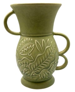 1930's Red Wing Art Deco Three Handle Floral Pottery Vase