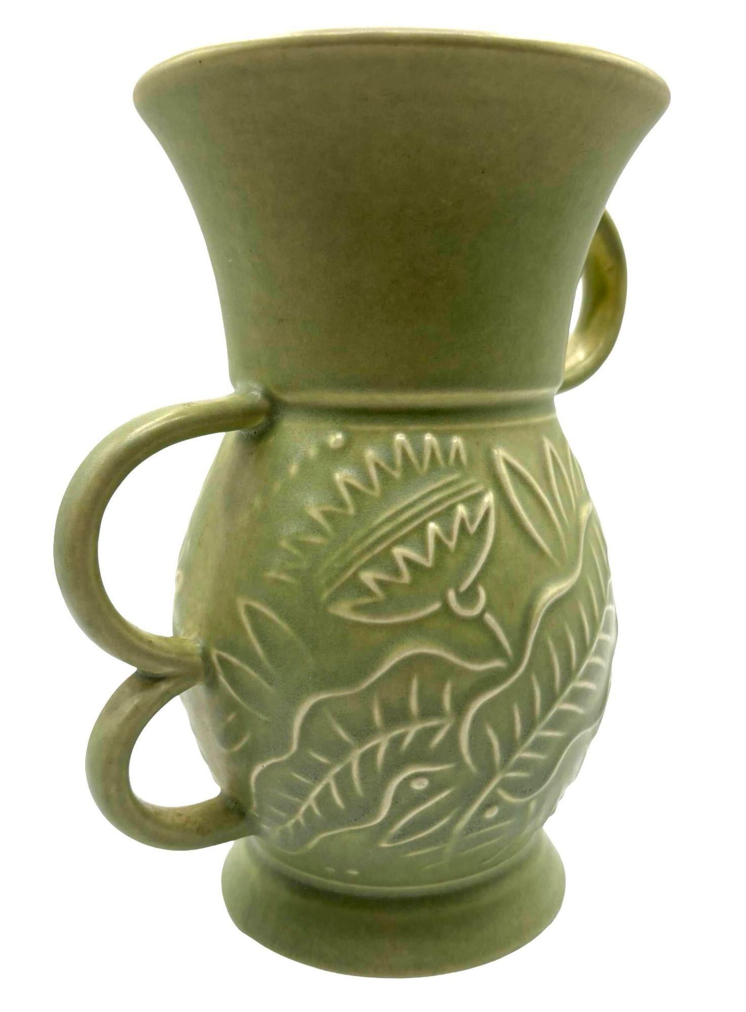 North American 1930's Red Wing Art Deco Three Handle Floral Pottery Vase