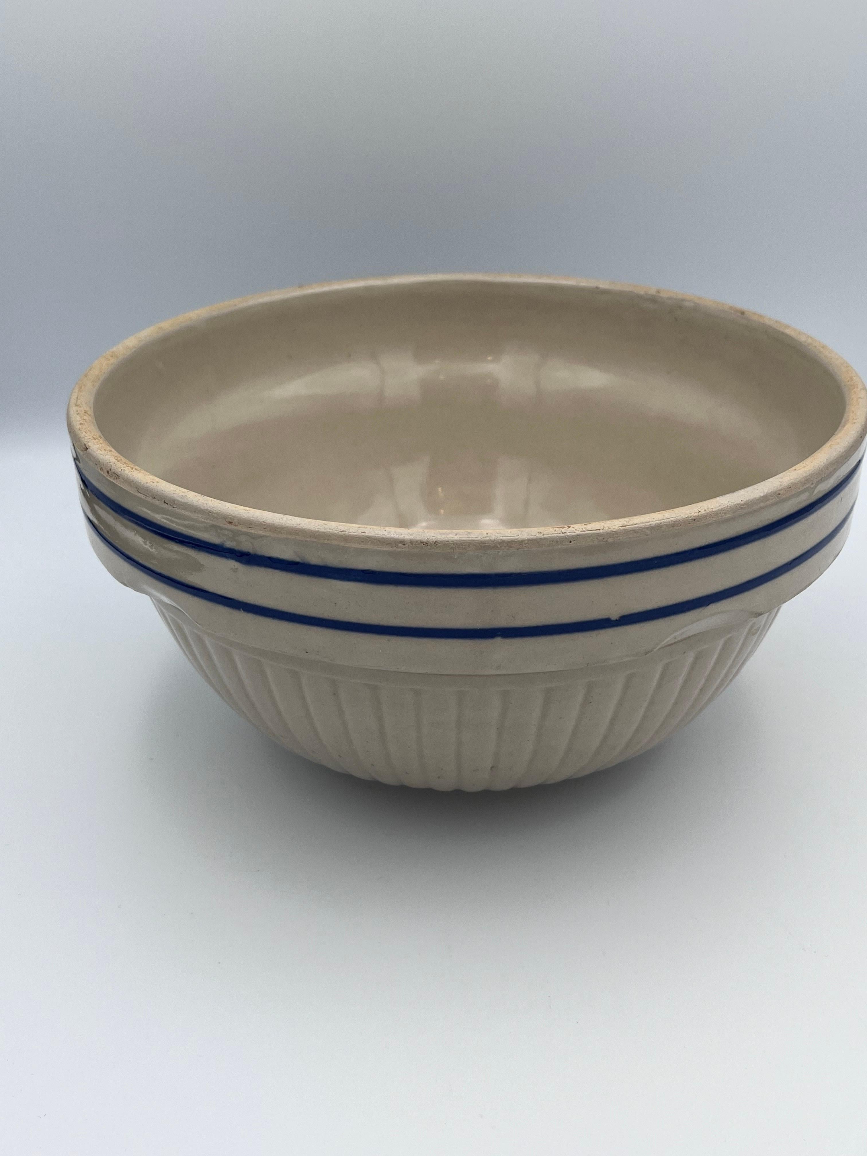 Glazed 1930's Red Wing Ceramic Mixing or Serving Bowl Tan with Blue Lines For Sale