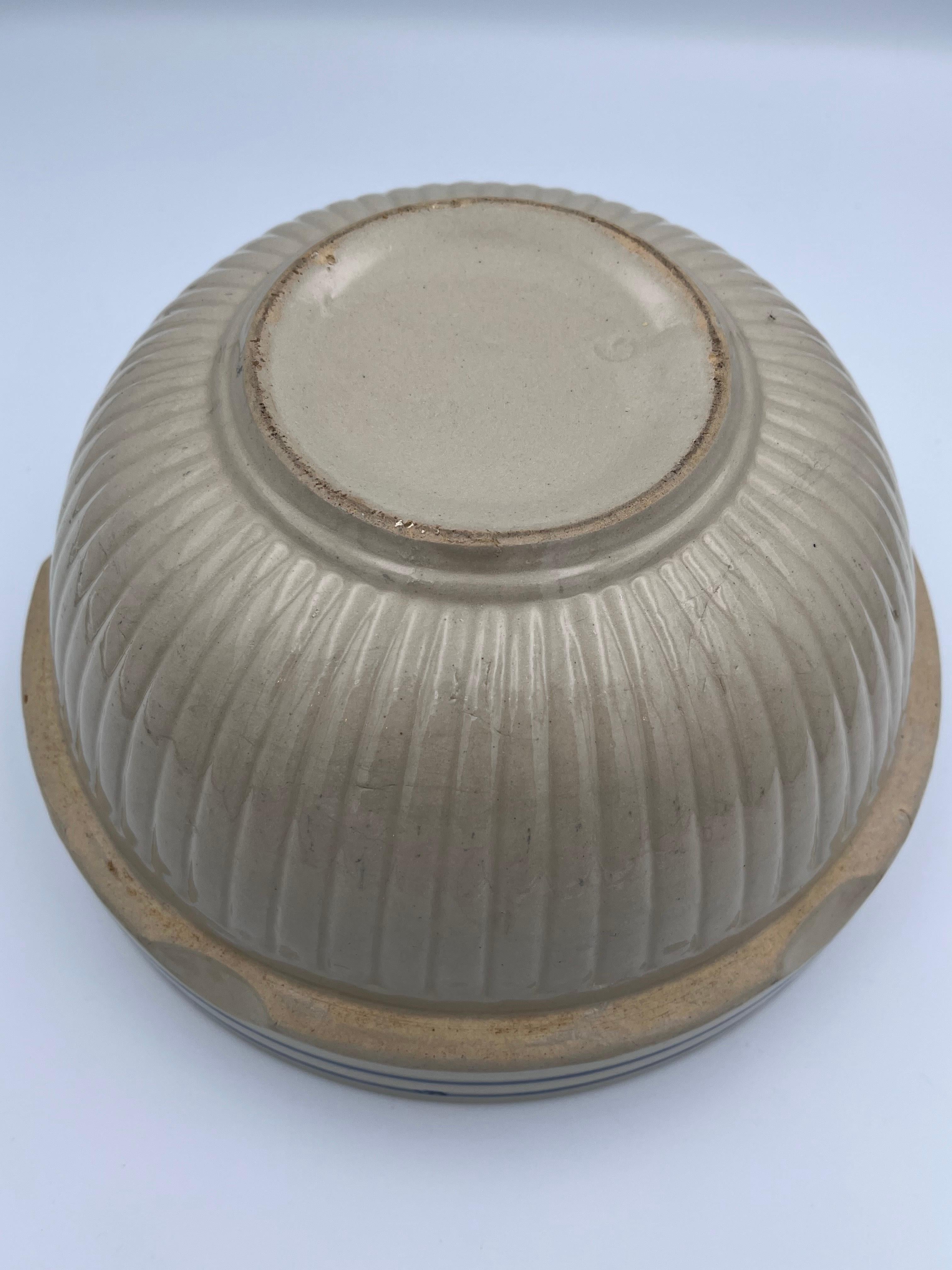 1930's Red Wing Ceramic Mixing or Serving Bowl Tan with Blue Lines For Sale 1