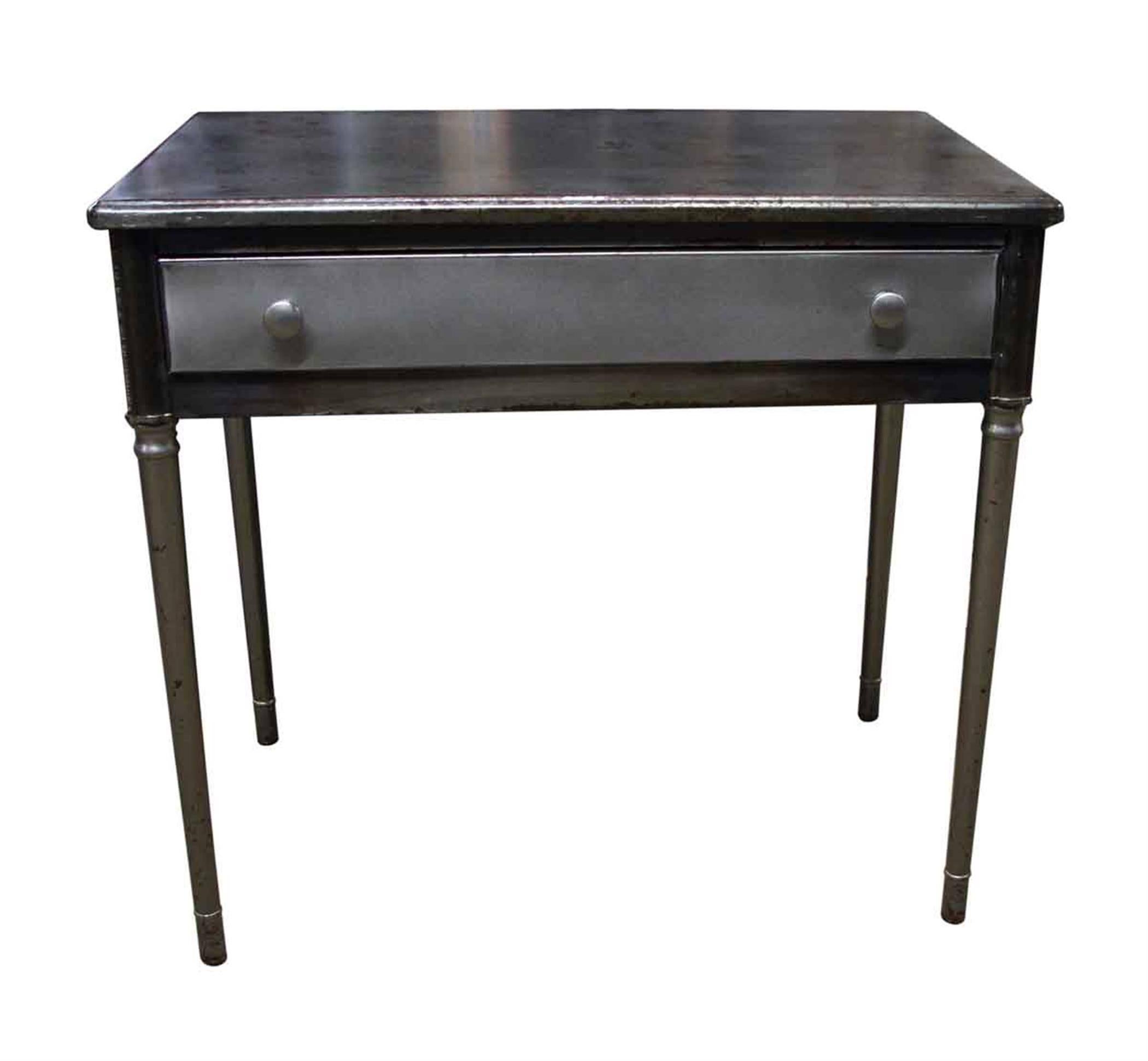 1930s industrial style refinished steel desk with one drawer. Steel color varies slightly. Please allow 4-5 weeks to process. This can be seen at our 302 Bowery location in Manhattan.