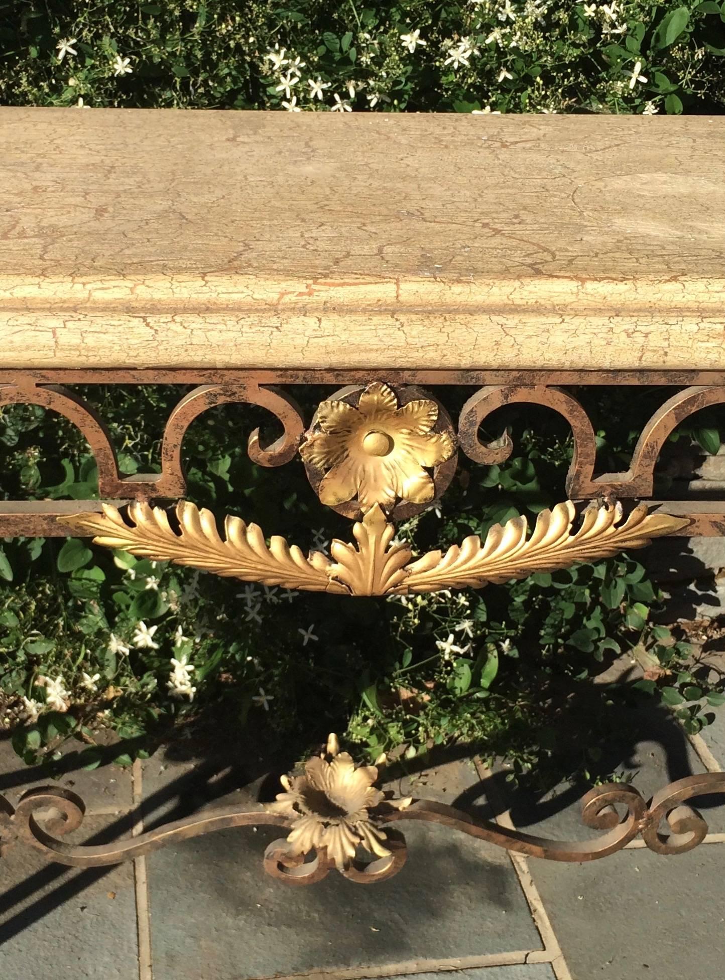 French Provincial 1930s Regency Style Gilded Gold Metal and Marble Console Table