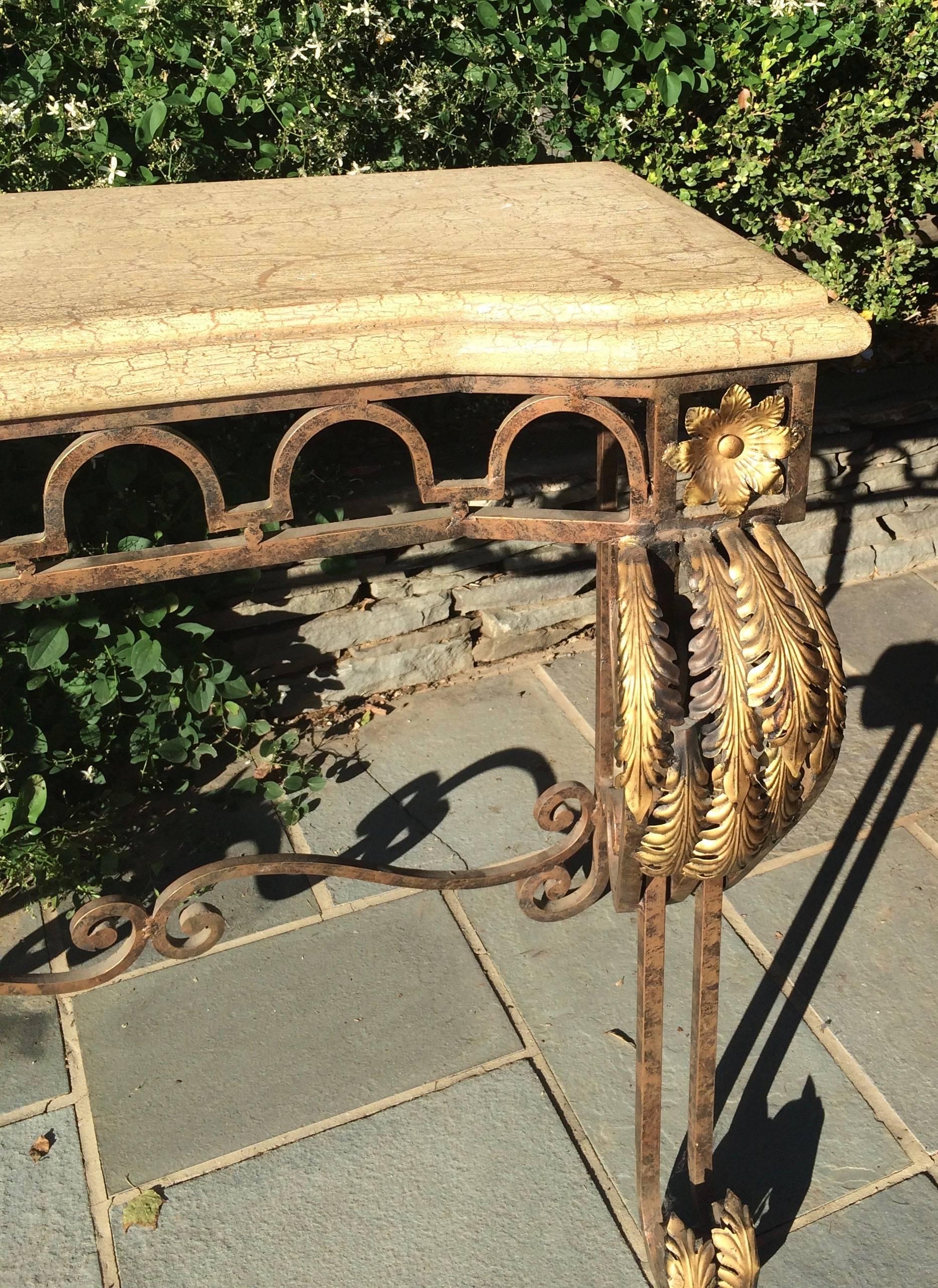 French 1930s Regency Style Gilded Gold Metal and Marble Console Table