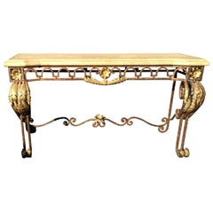 1930s Regency Style Gilded Gold Metal and Marble Console Table