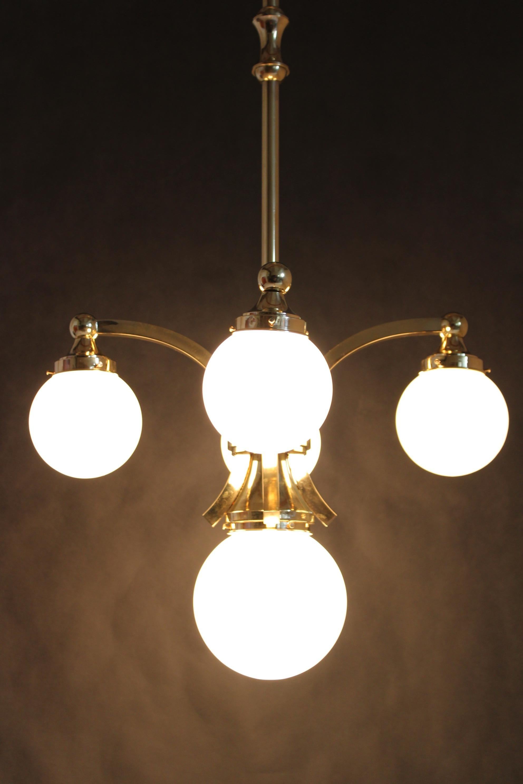 1930s Restored Brass Chandelier, Czechoslovakia For Sale 11