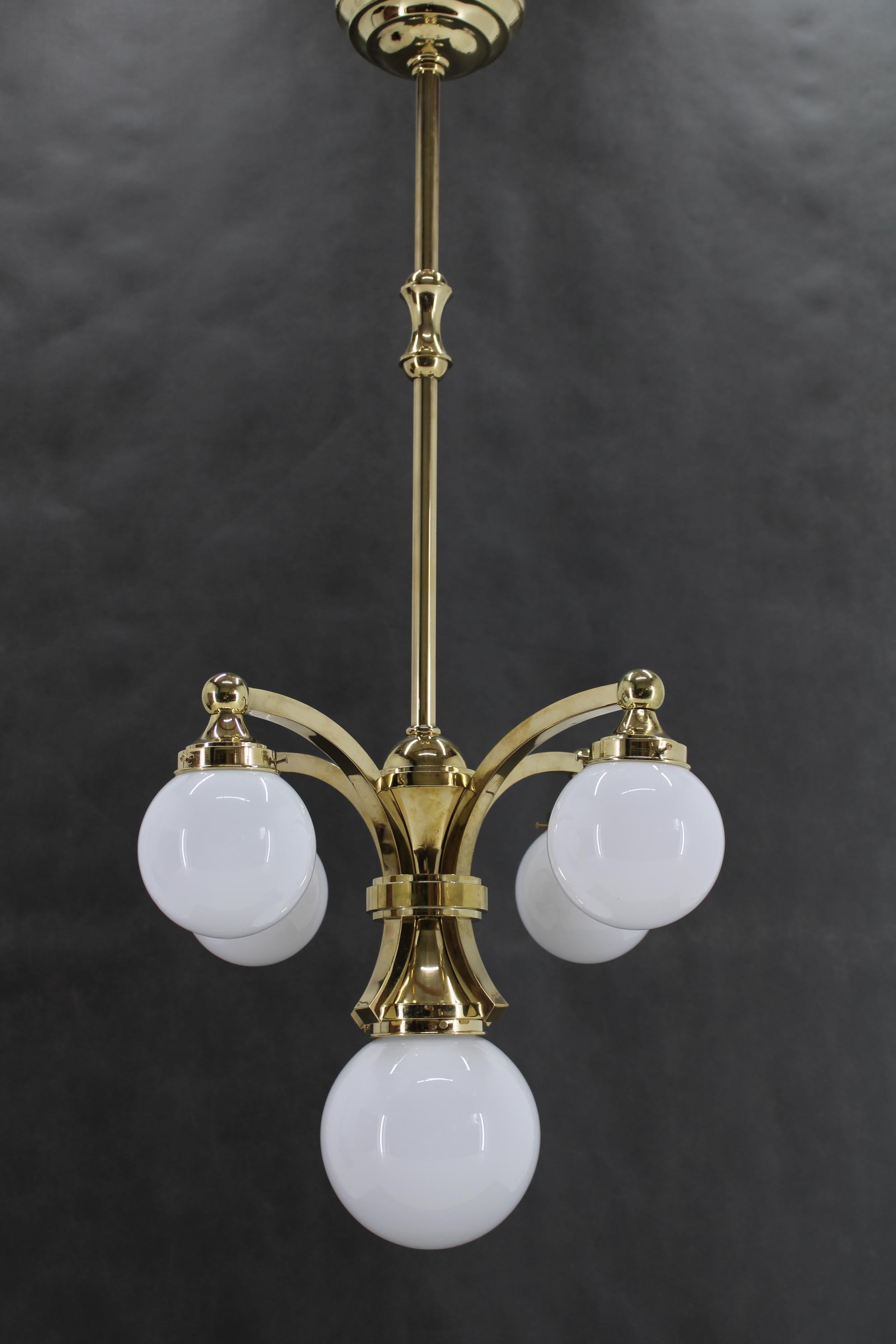 Art Deco 1930s Restored Brass Chandelier, Czechoslovakia For Sale