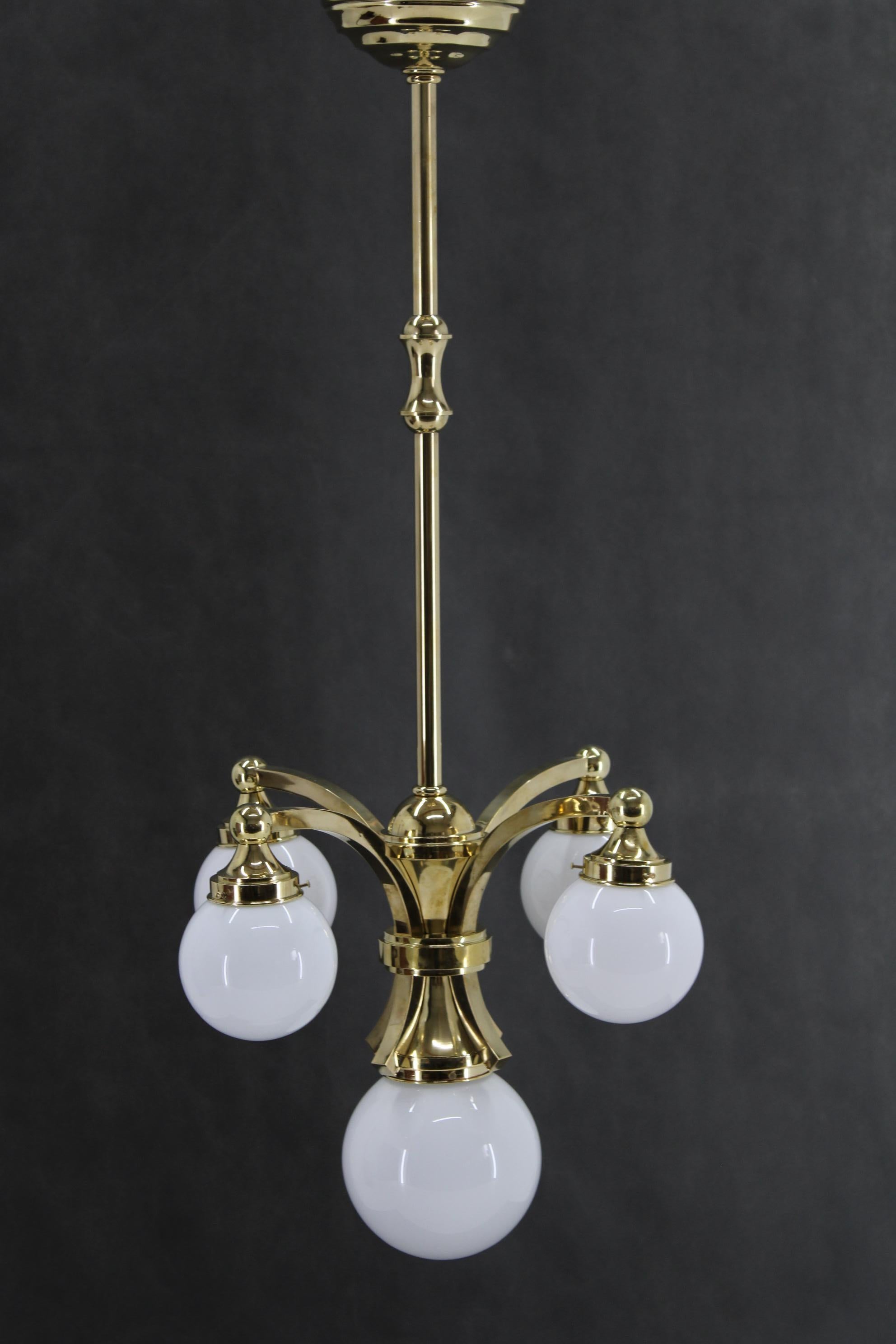 1930s Restored Brass Chandelier, Czechoslovakia For Sale 1